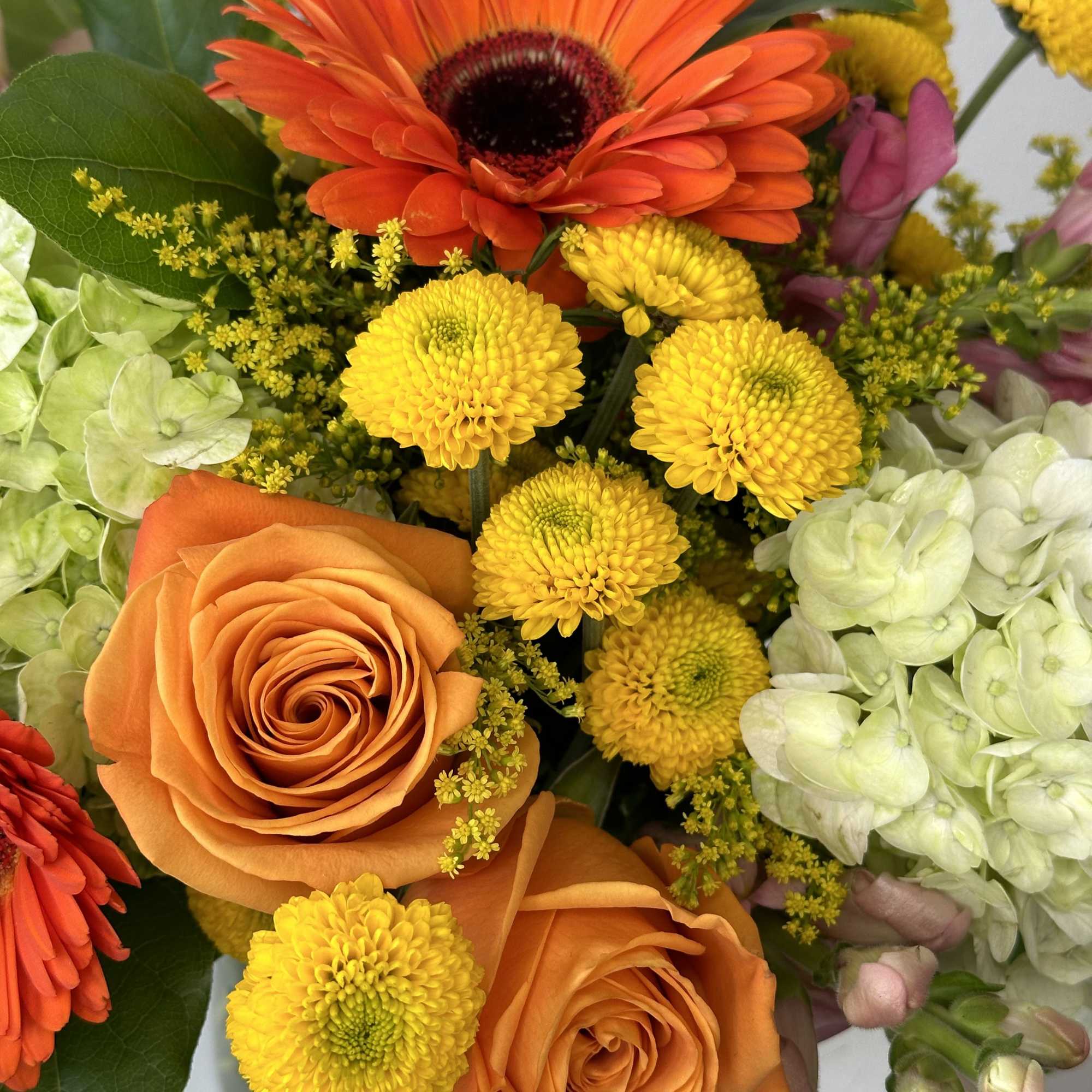 Orange gerbera daisies and roses with yellow pompons in a vase