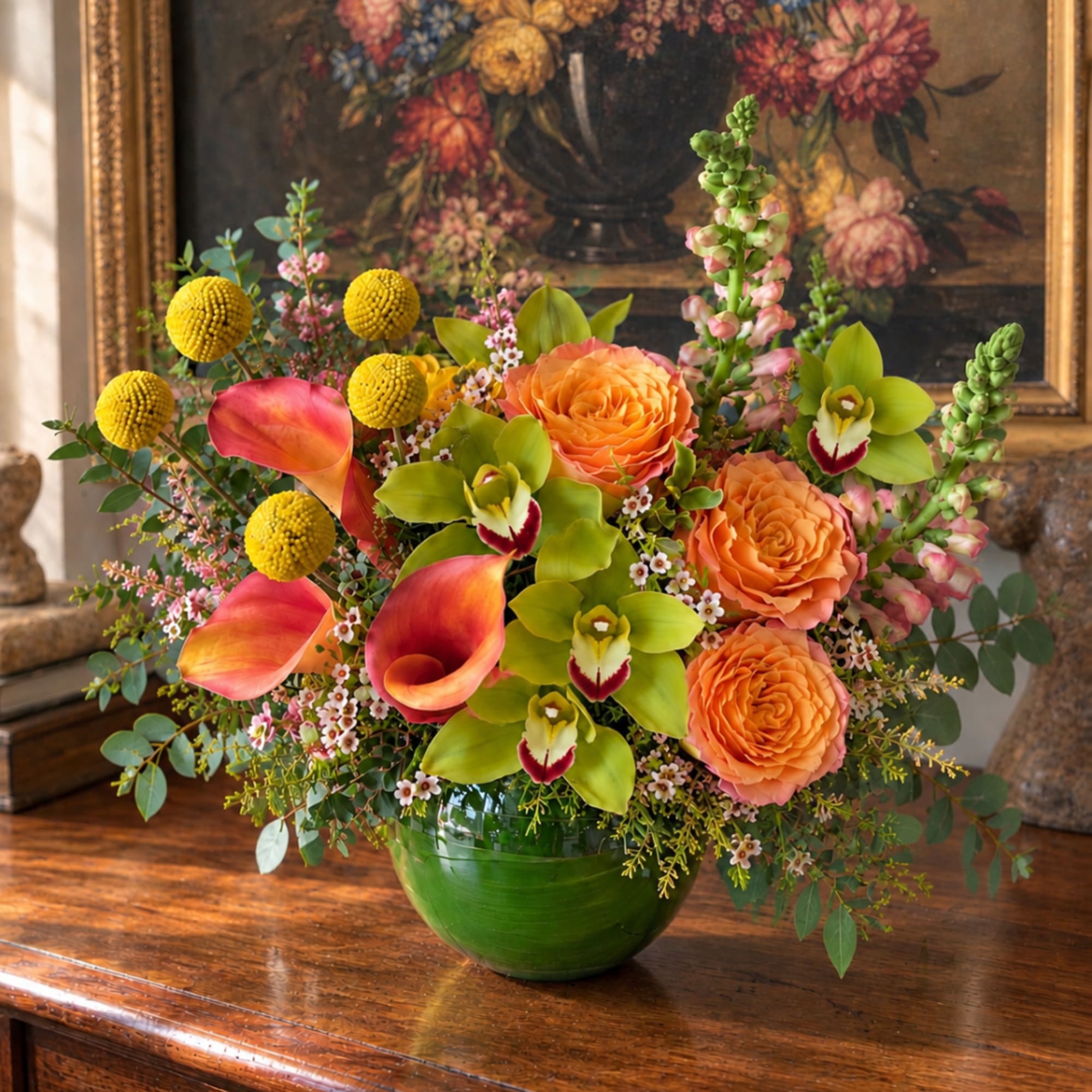 Colorful floral arrangement in a green glass vase with orange roses and calla lilies