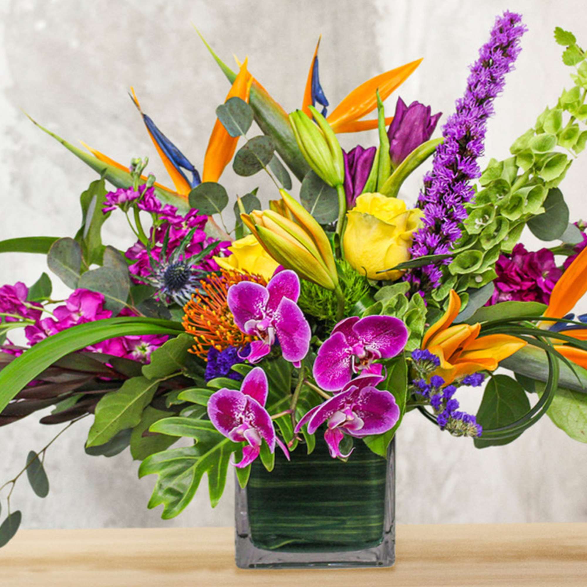 Tropical bouquet with orchids and bird of paradise in a square vase