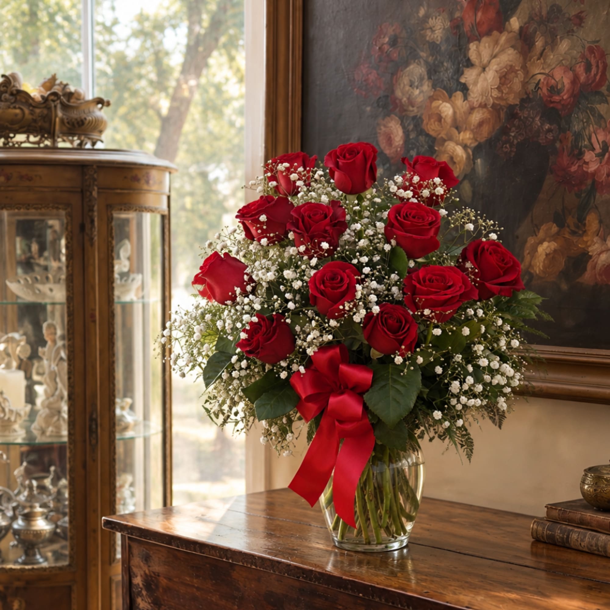 Red roses and baby's breath in a glass vase with a red ribbon