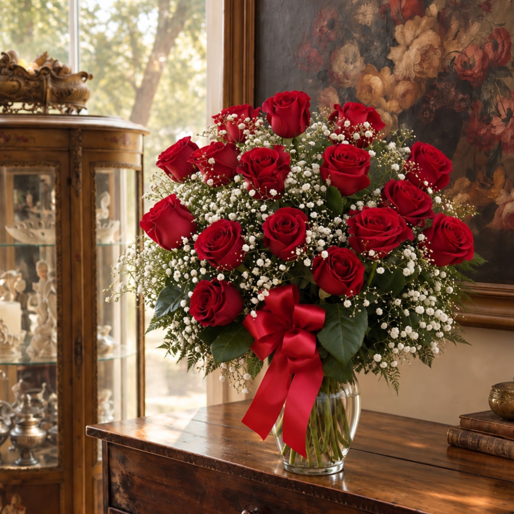Red roses in a clear glass vase with a red ribbon