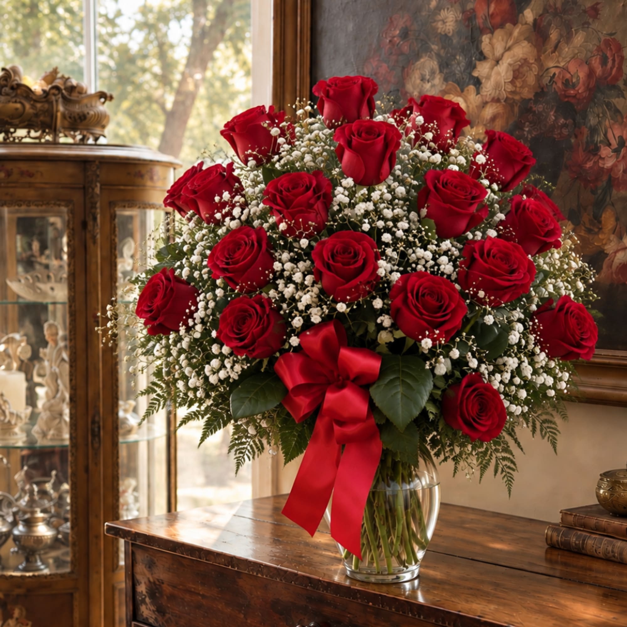 Red roses in a glass vase with baby's breath and a red ribbon