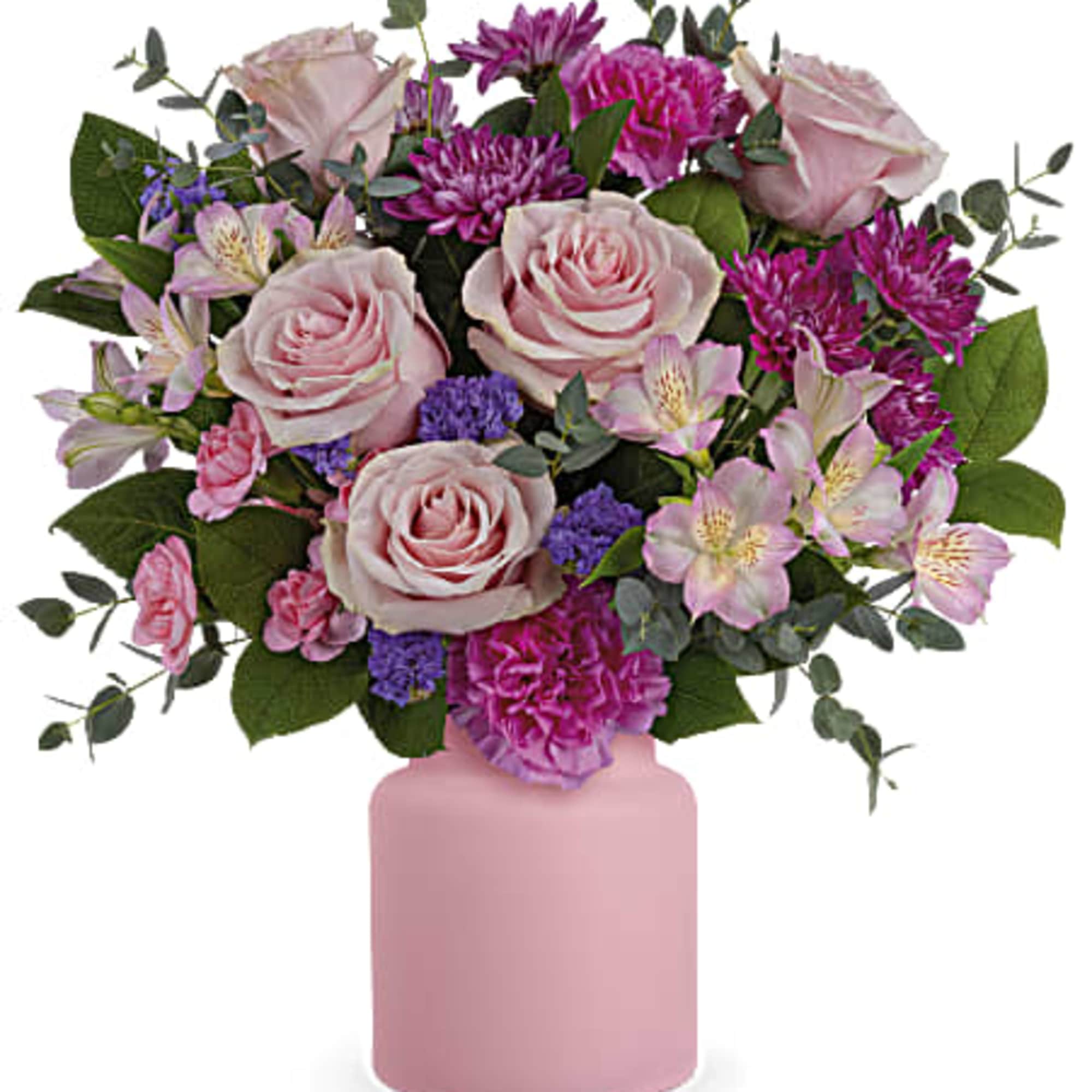 Pink roses and purple flowers in a pink vase