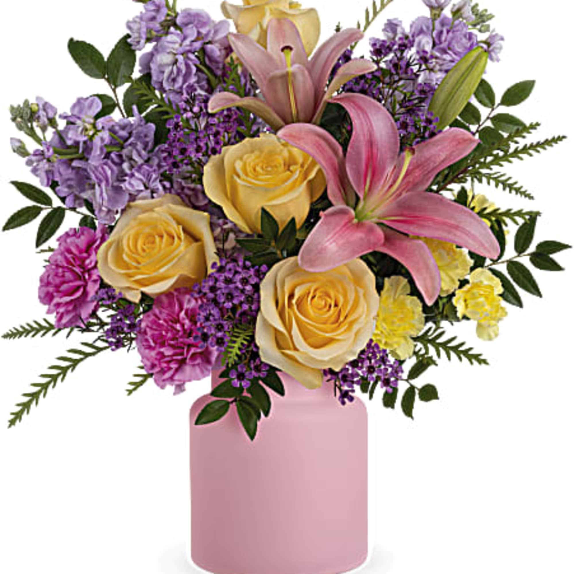 Pink lilies and yellow roses in a pink vase with purple filler flowers