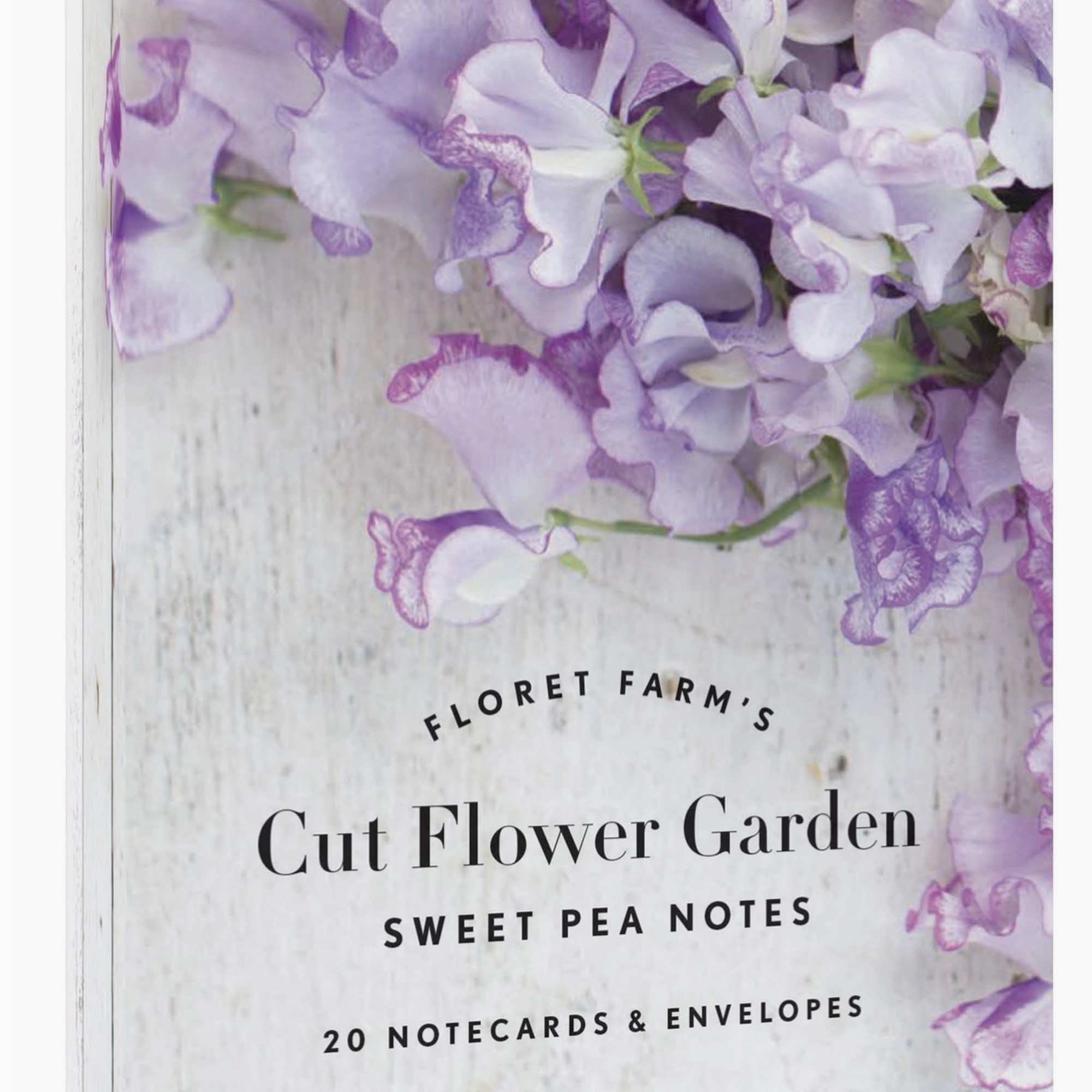 Box of sweet pea notecards with lavender flowers on the cover