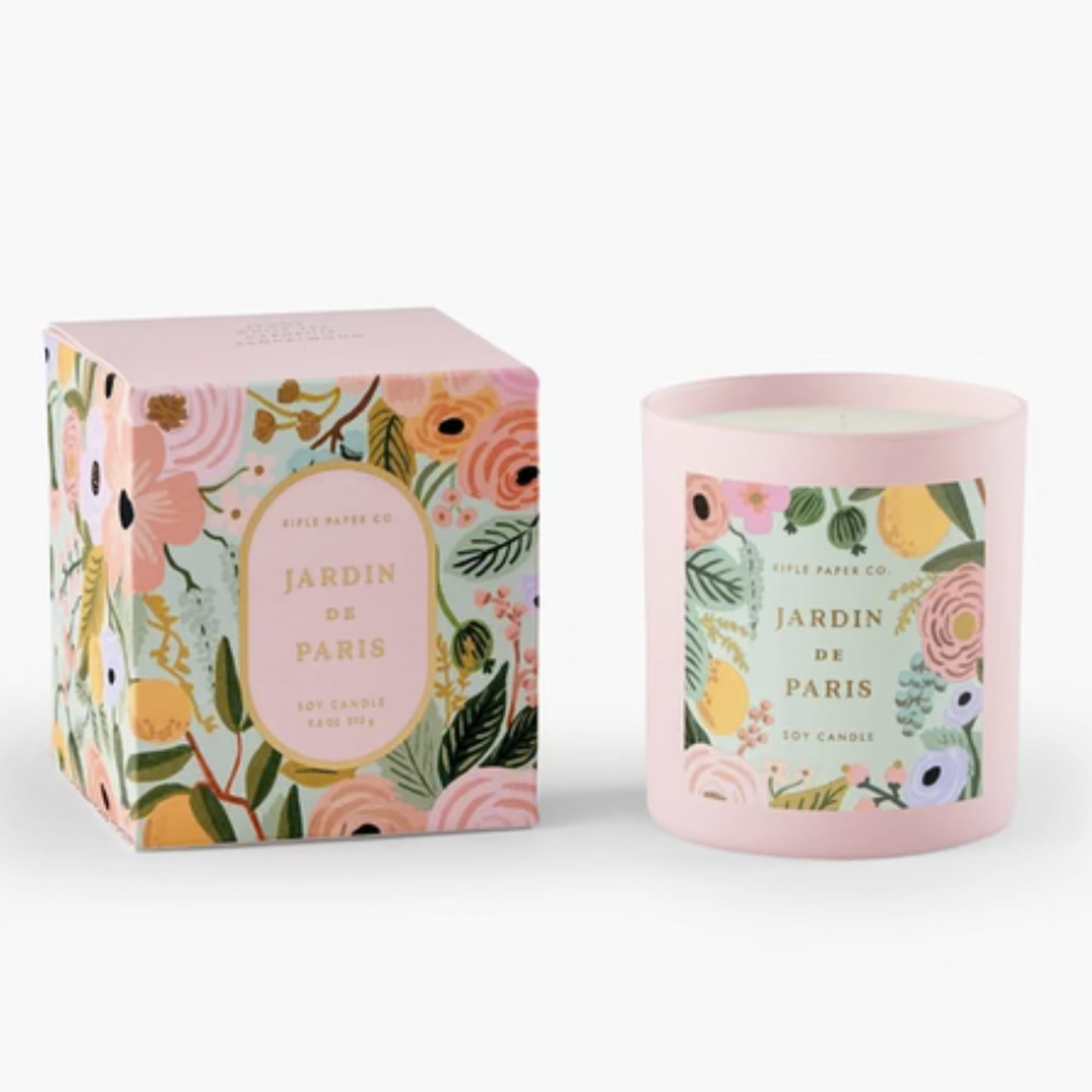 Pink floral-scented candle in a glass jar with matching box