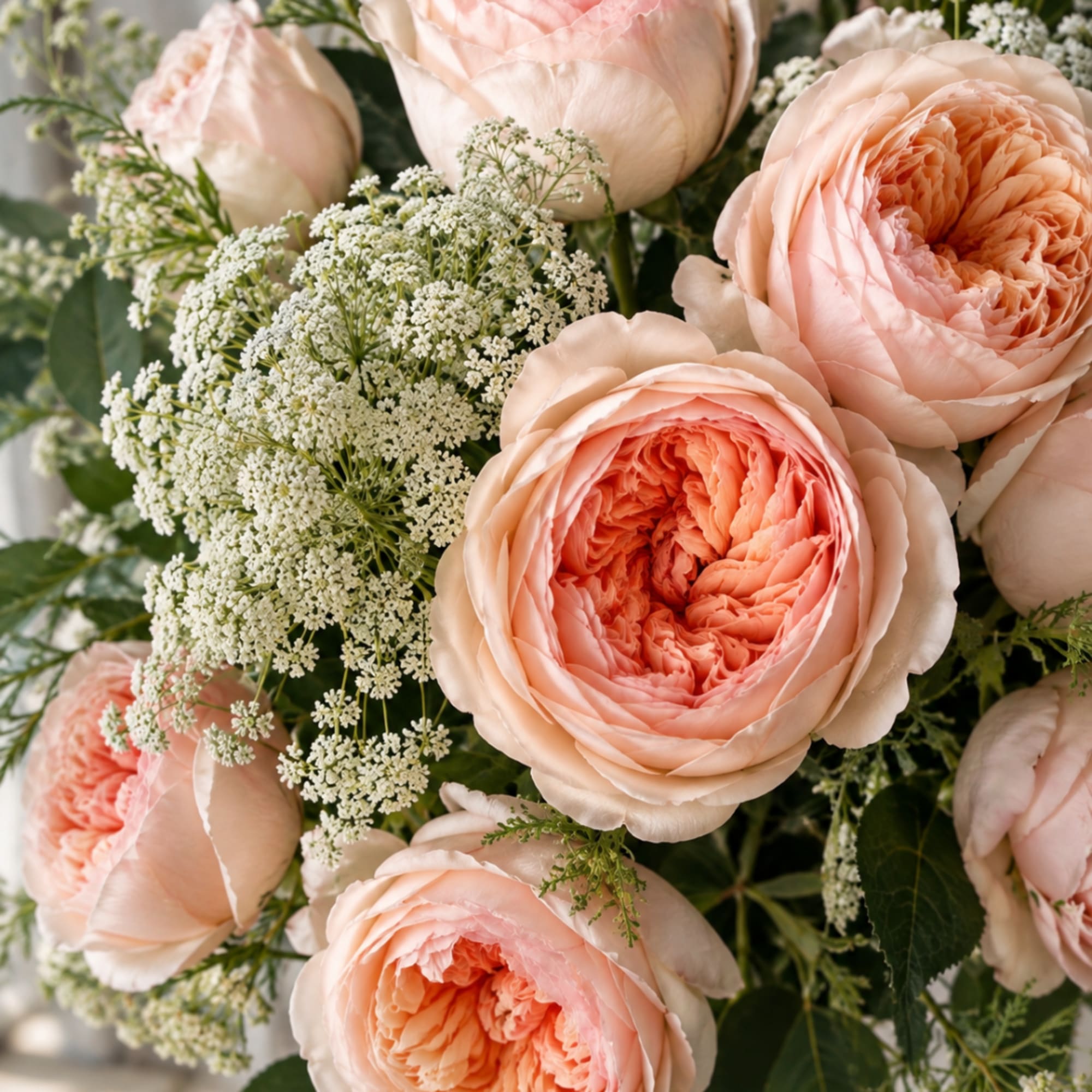 Peach garden roses with white filler flowers in a bouquet