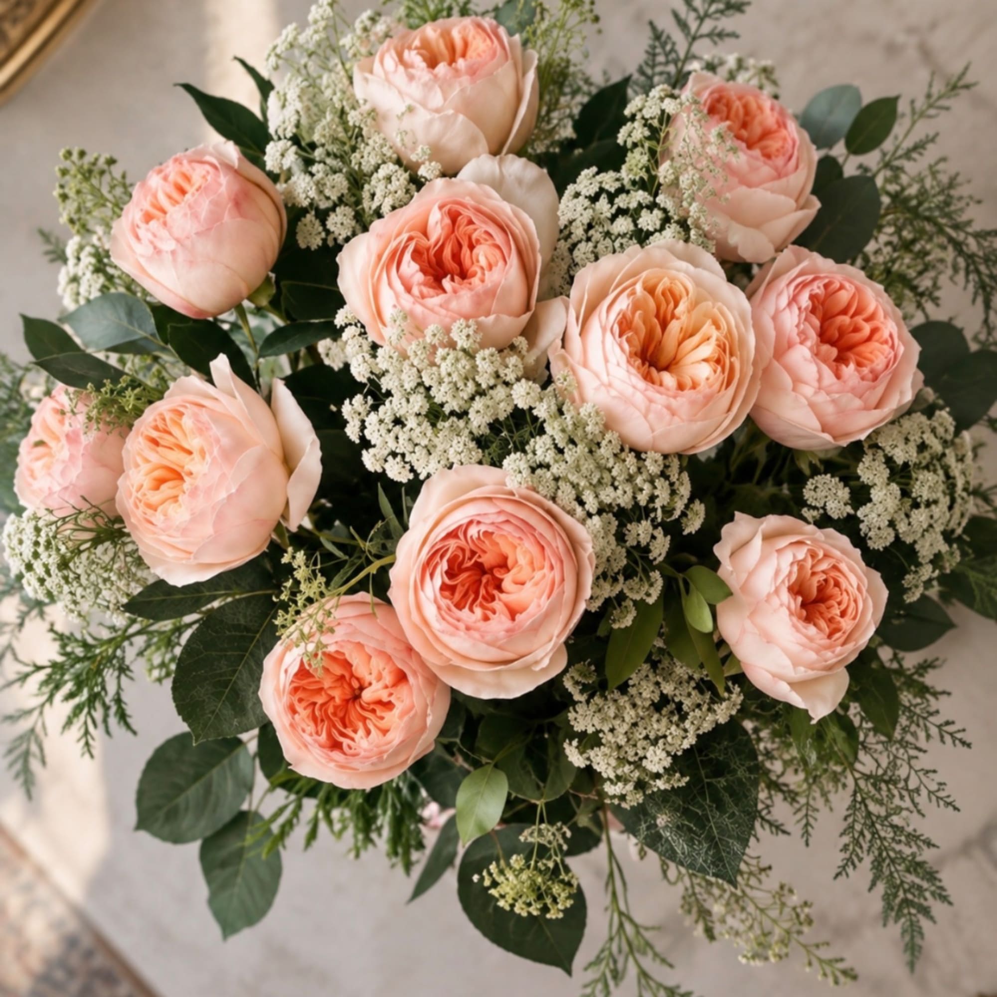Peach roses arranged with white filler flowers and greenery