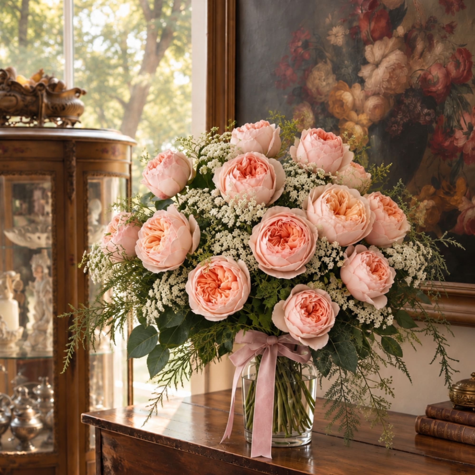 Blush roses in a glass vase with white filler flowers and a pink ribbon