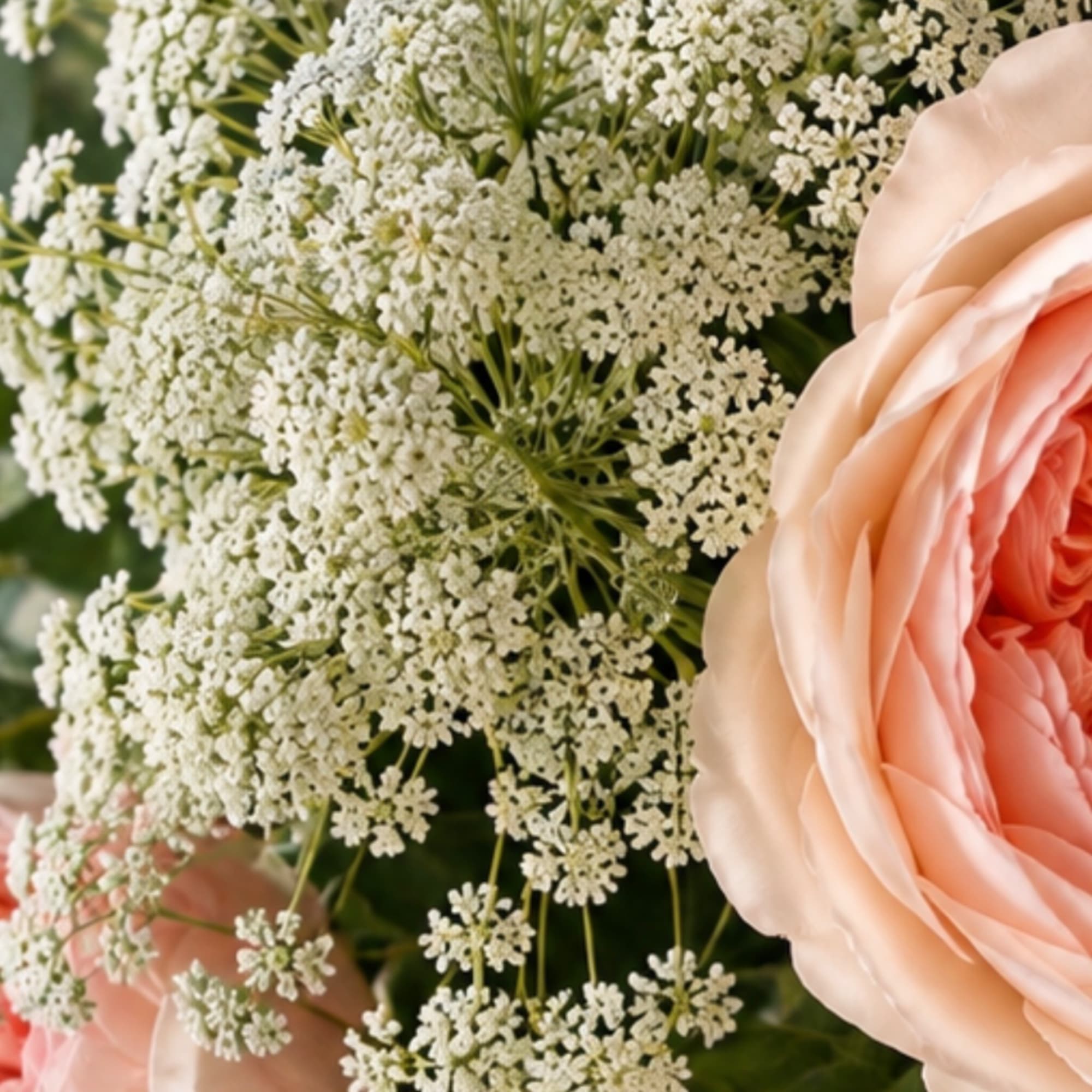 Peach roses with white lace-like filler flowers