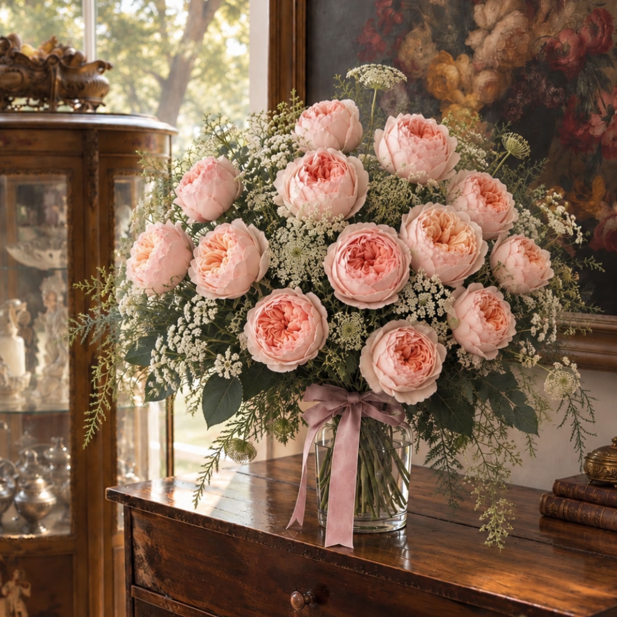 Pink roses in a glass vase with a ribbon bow