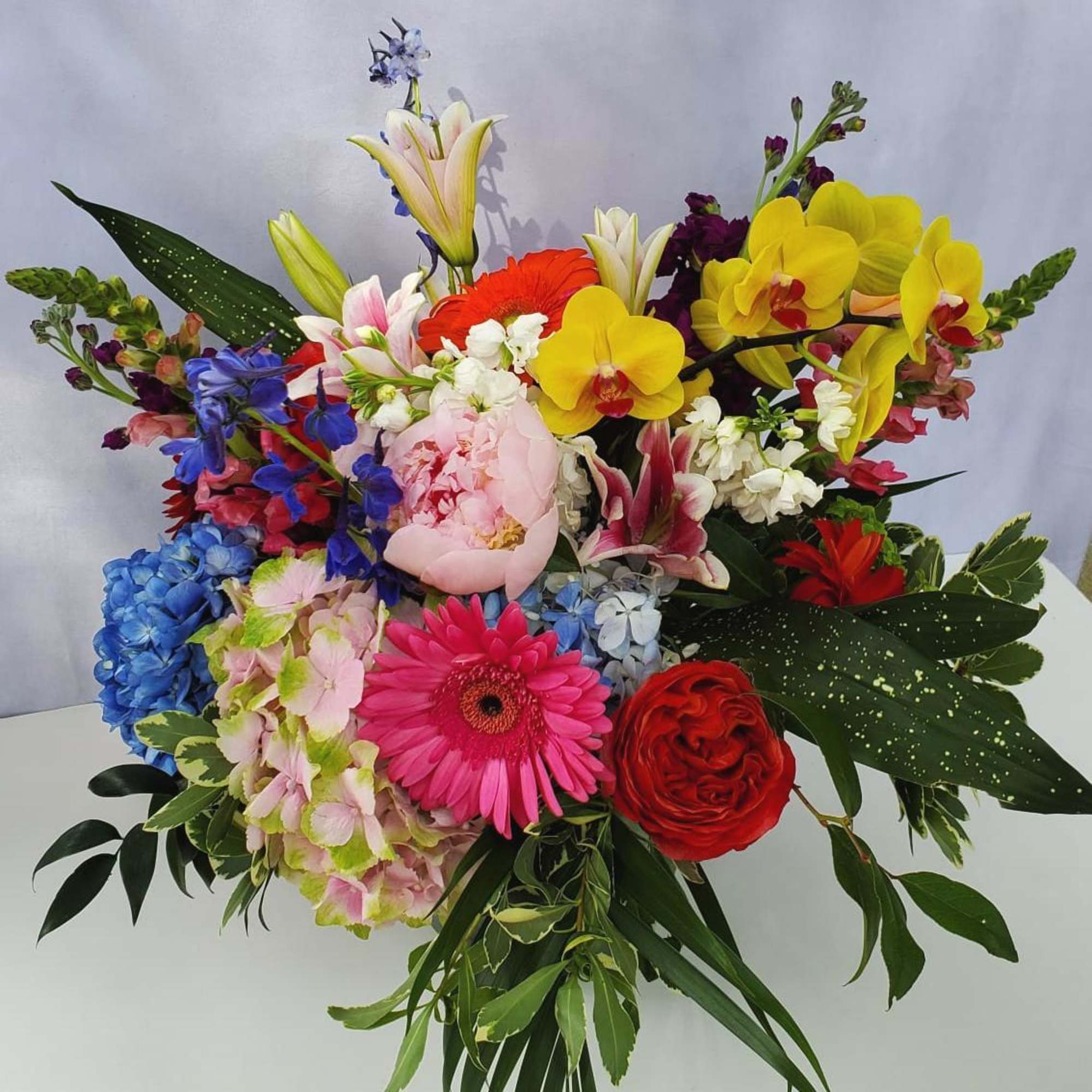 Vibrant mixed arrangement with lilies, orchids, hydrangeas, roses, peonies, and gerbera daisies.