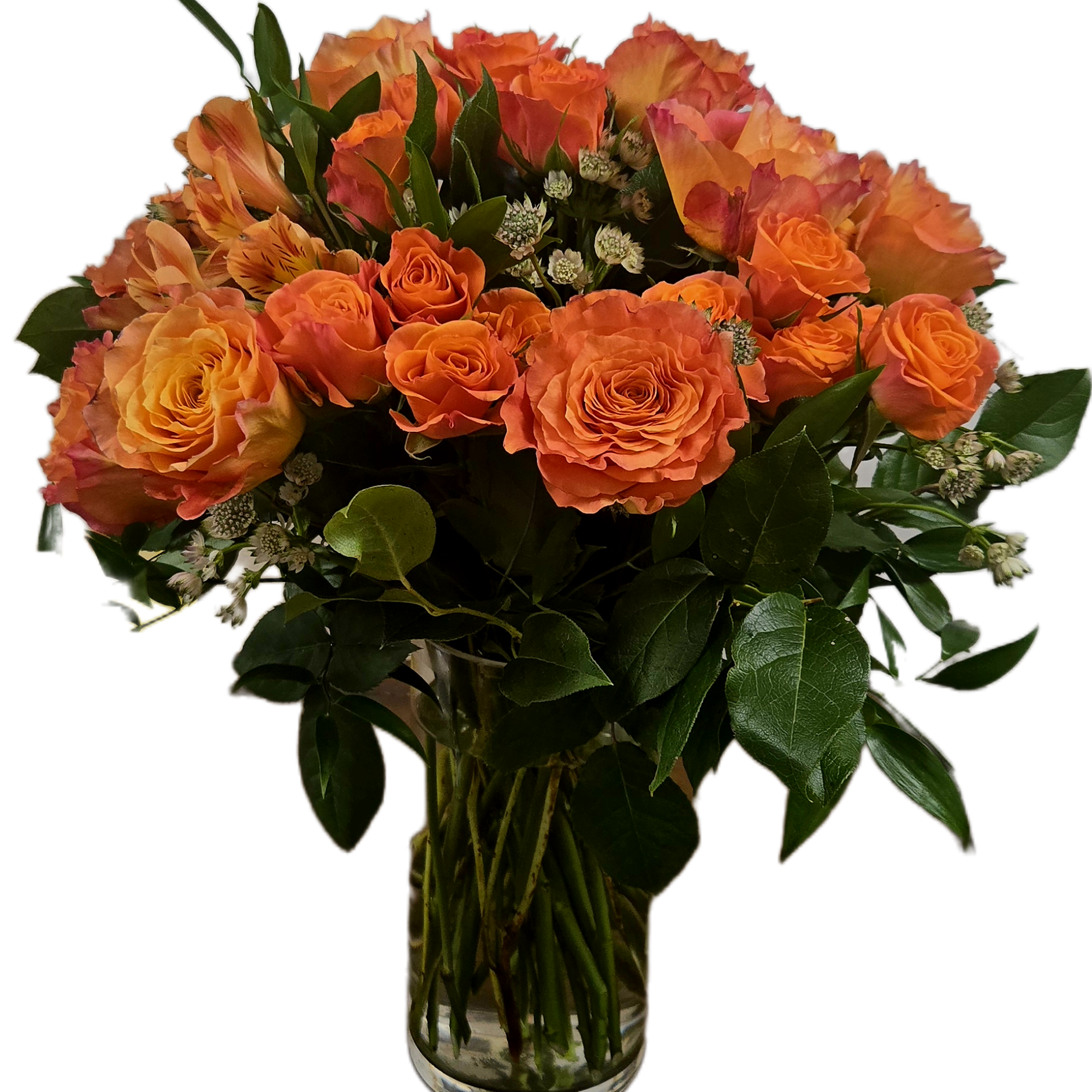 A lush arrangement of orange roses with complimentary blooms., photo 2 of 2