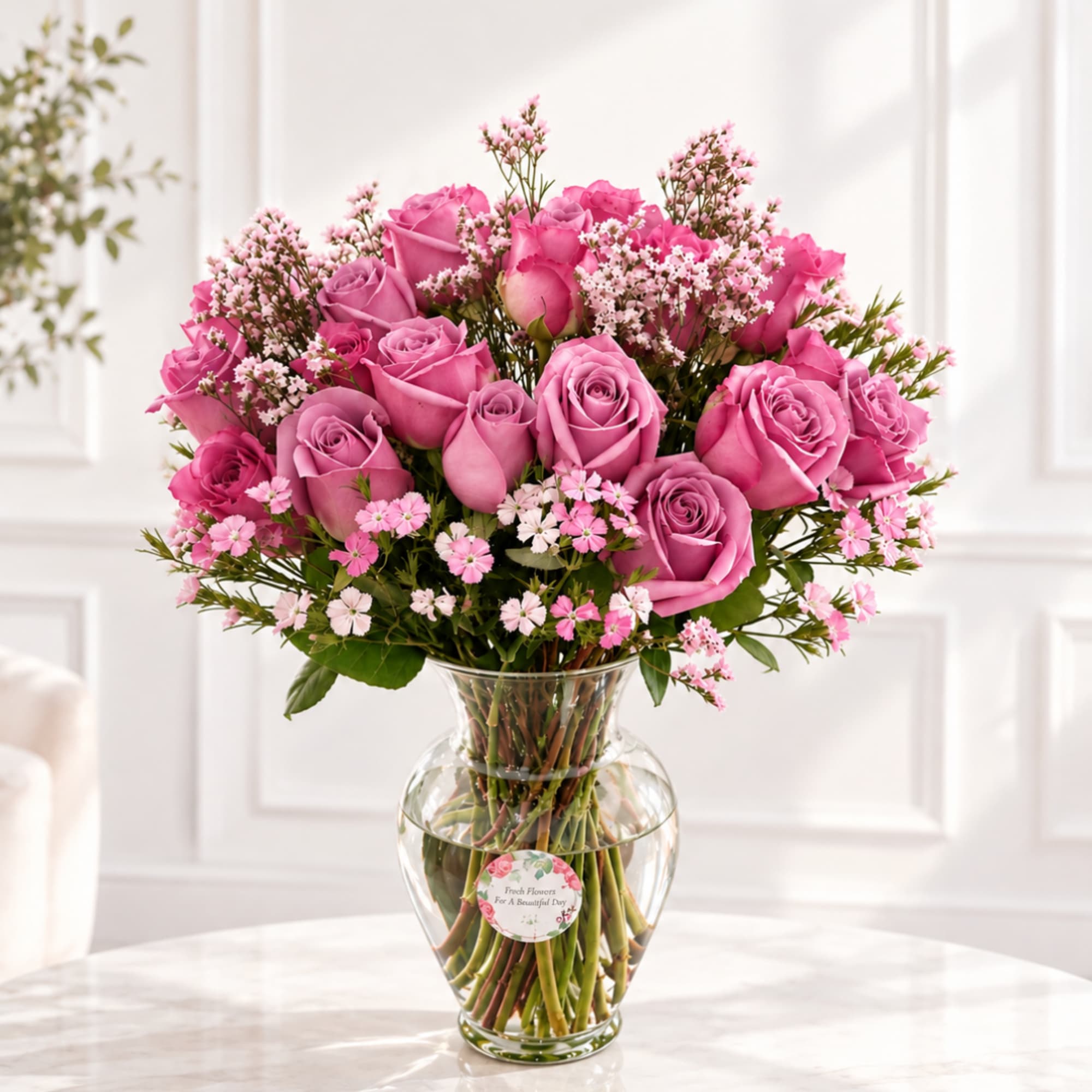 Pink roses arranged in a clear glass vase with small filler flowers