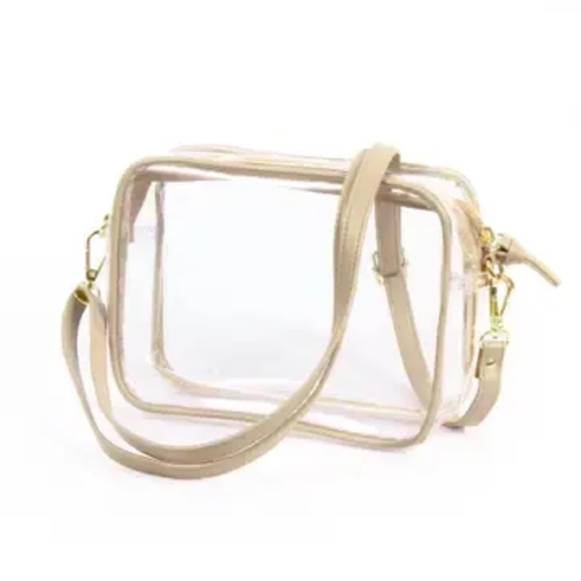 Clear rectangular handbag with beige straps and gold hardware