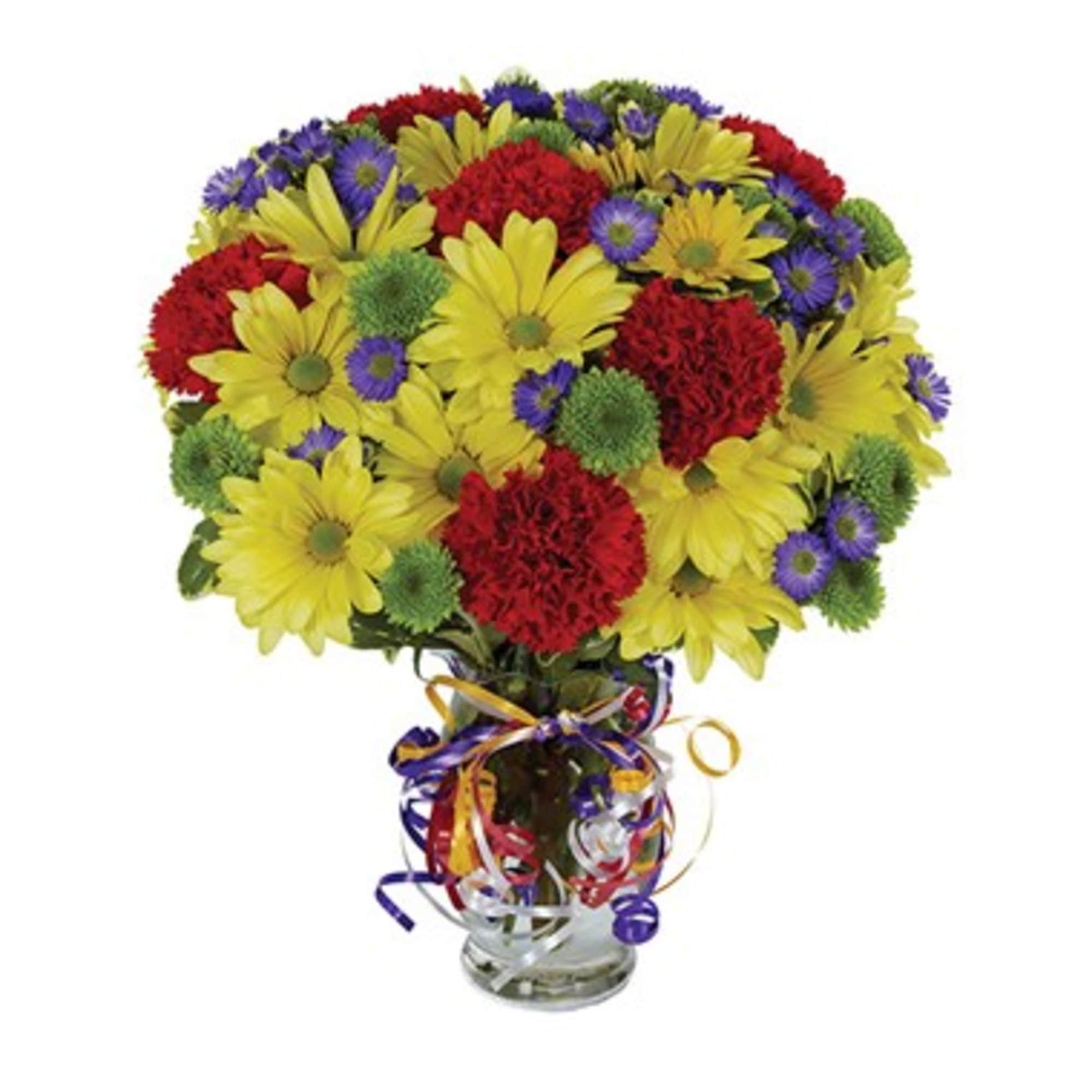 Bouquet of yellow daisies, red carnations, and purple asters in a glass vase