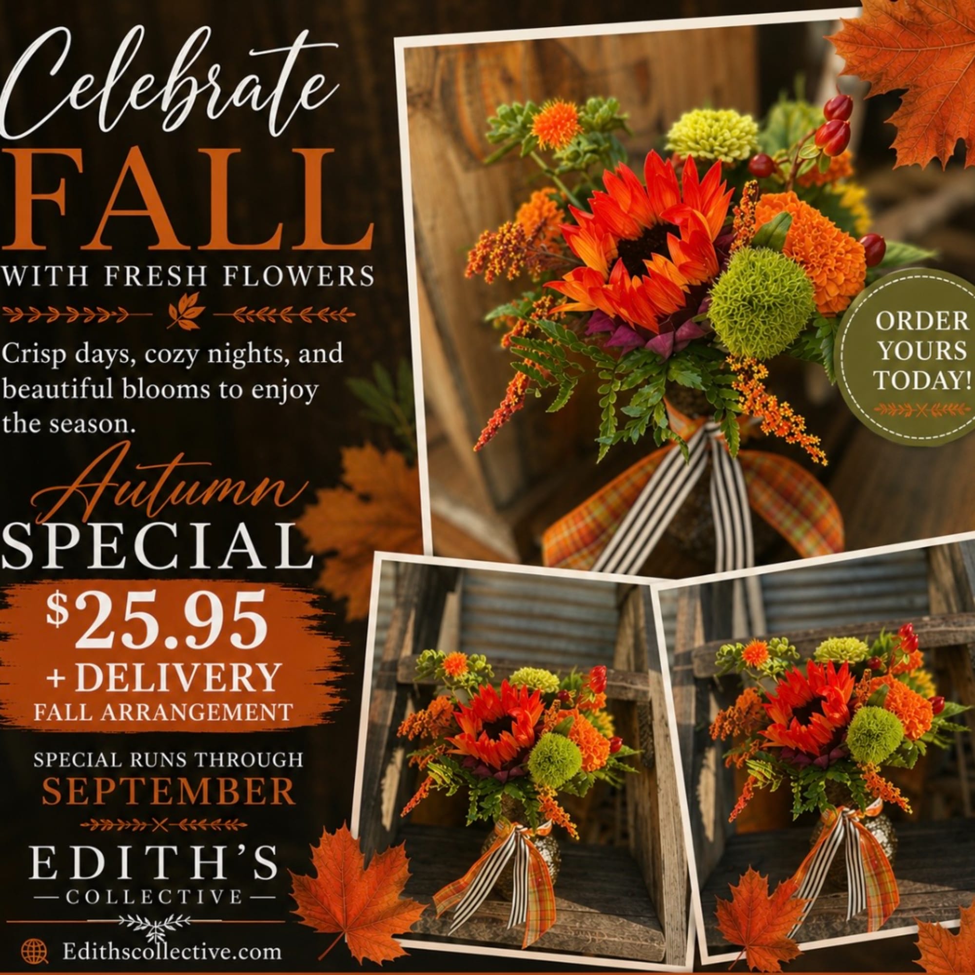 Fall flower arrangement with orange and green blooms in a ribbon-tied container