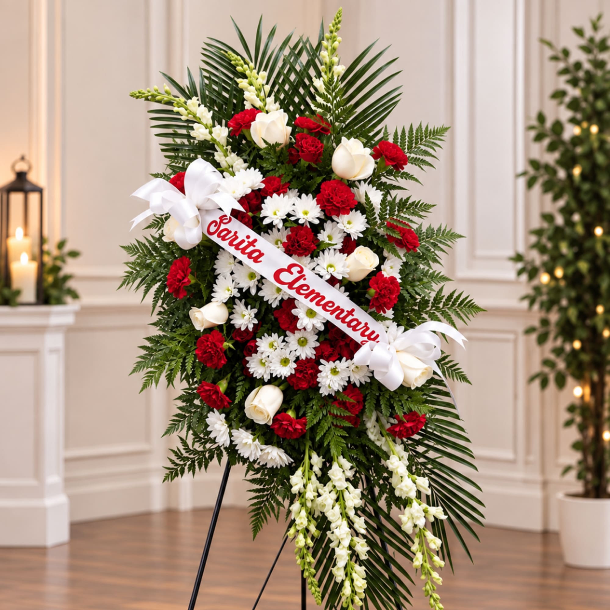Standing floral wreath with red and white flowers and a ribbon