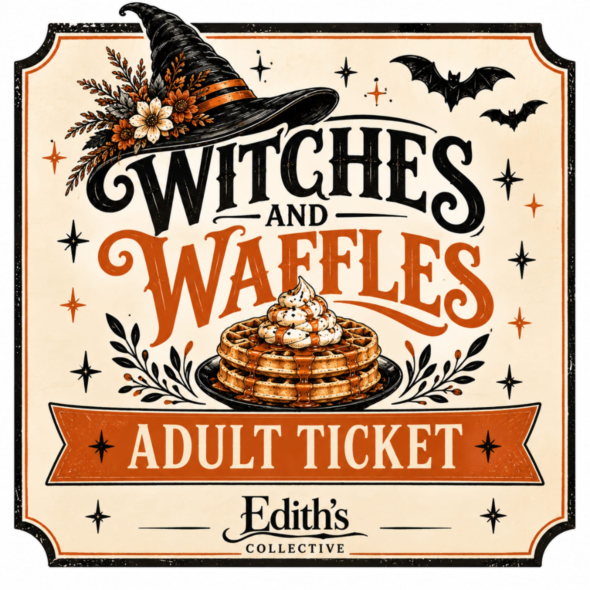 Halloween-themed sign with a witch hat, bats, and waffles