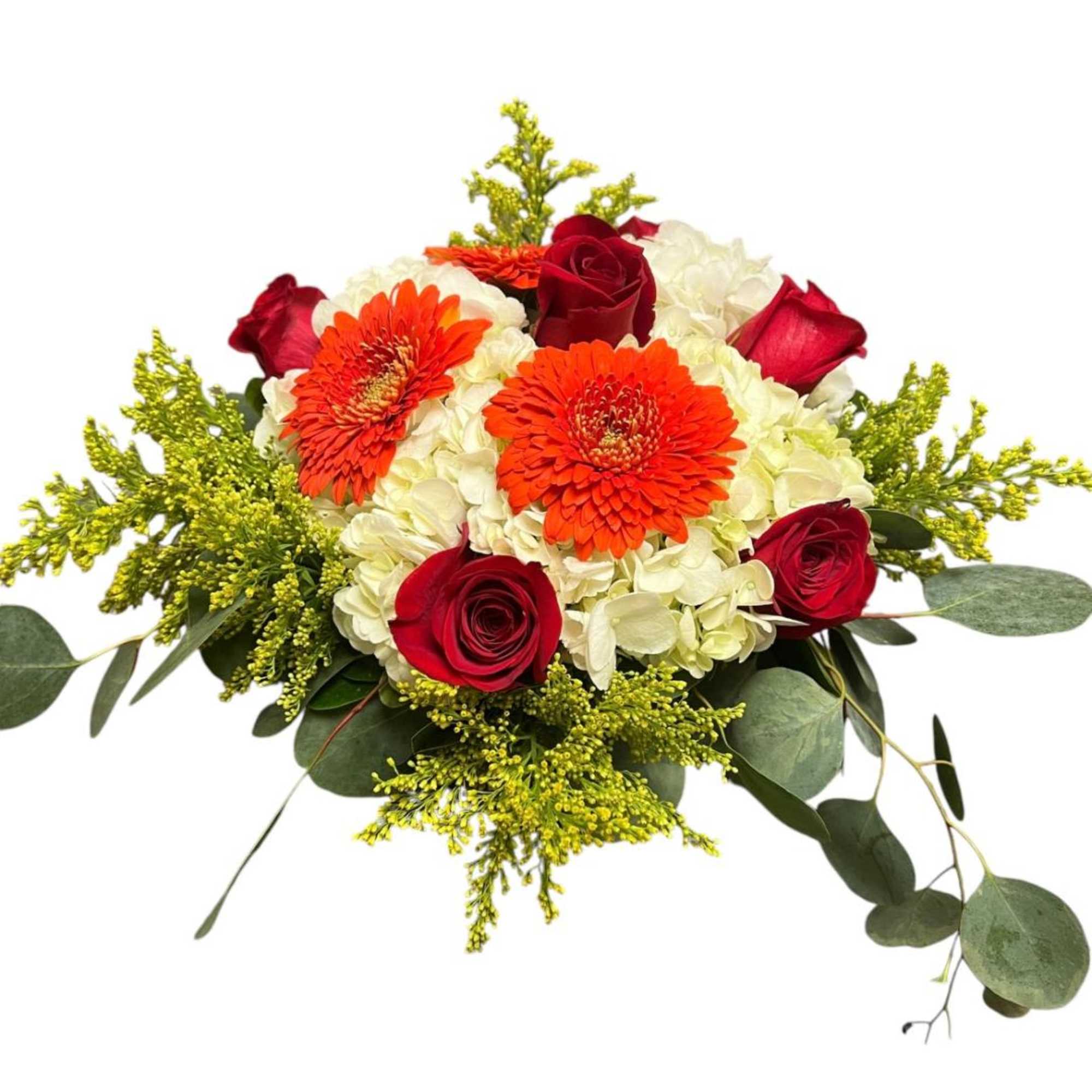 Bouquet of red roses, orange gerbera daisies, and white hydrangeas