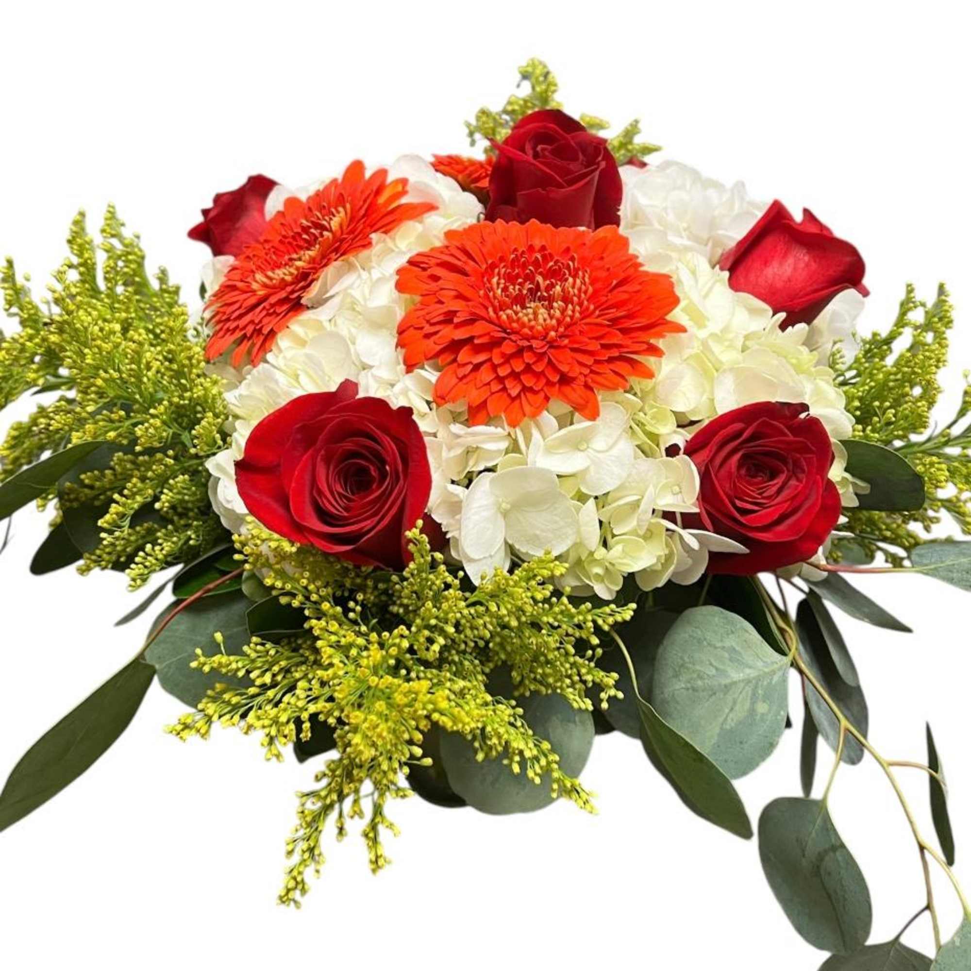 Bouquet of red roses, orange gerberas, and white hydrangeas