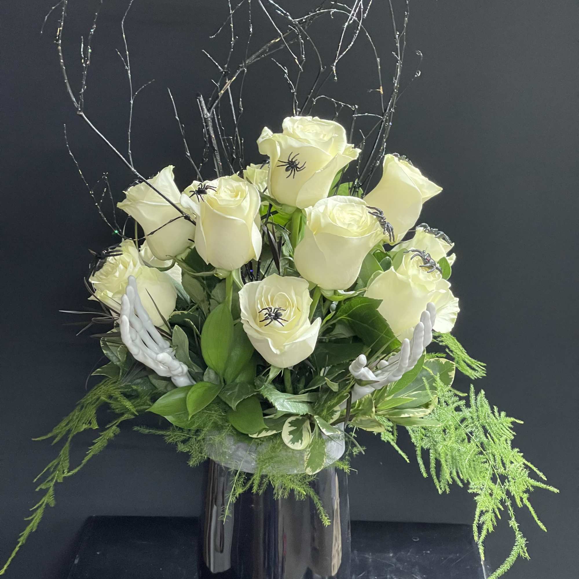 A dozen white Spooky Roses with spiders, spooky branches, and skeleton hands, photo 2 of 2