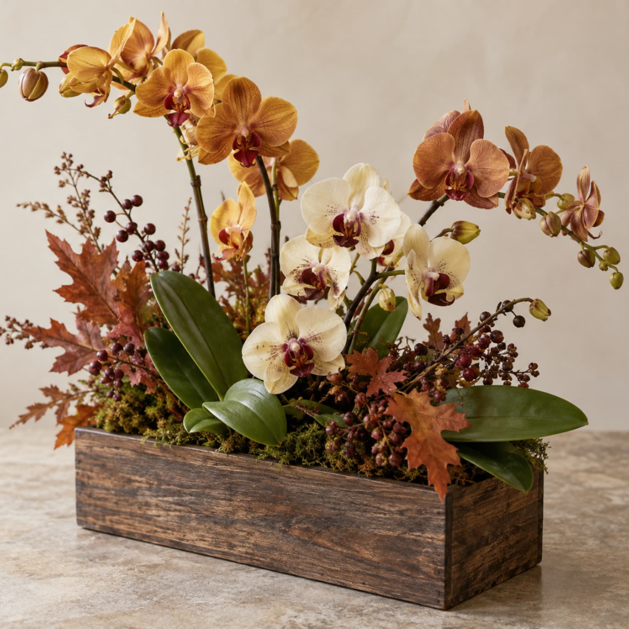 Orchid arrangement in a wooden box with autumn leaves and berries, photo 3 of 3