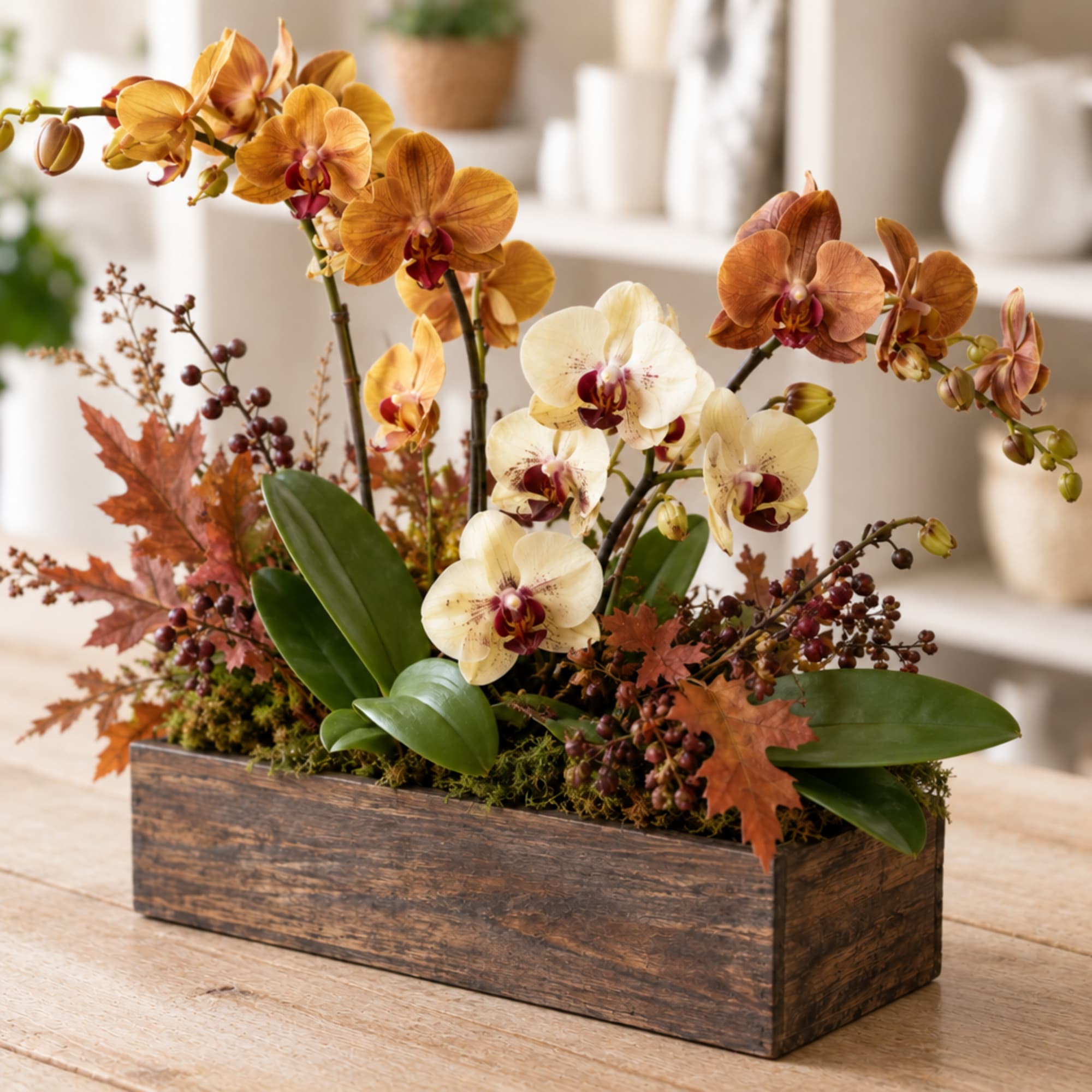 Orchid arrangement in a wooden box with autumn leaves and berries, photo 2 of 3