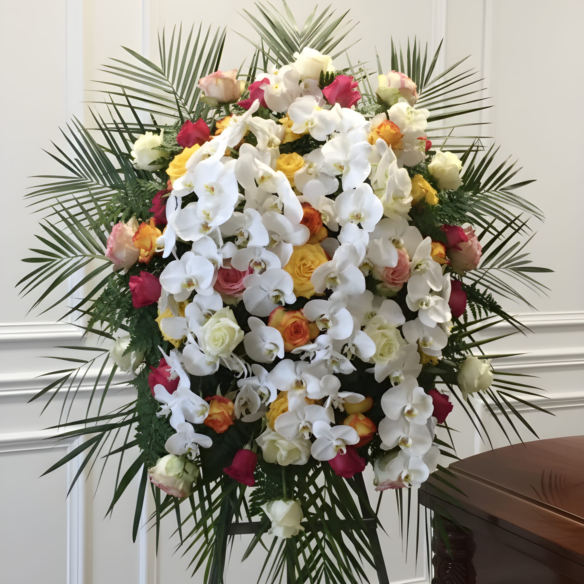 An amazing combination of flowers creating a magnificent display. Cascades or orchids