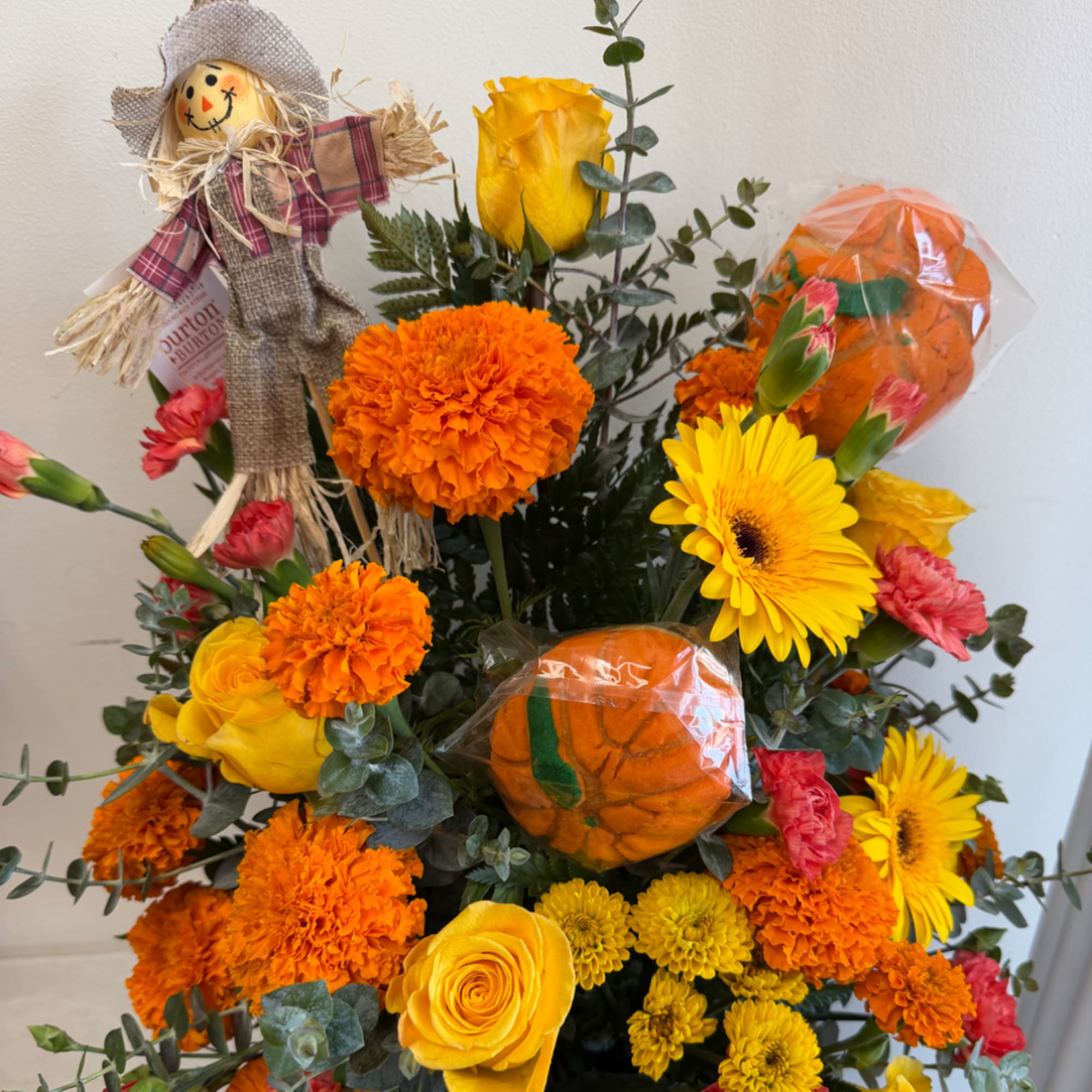 Bright mixed bouquet with yellow roses, gerbera daisies, and orange marigolds, photo 4 of 4