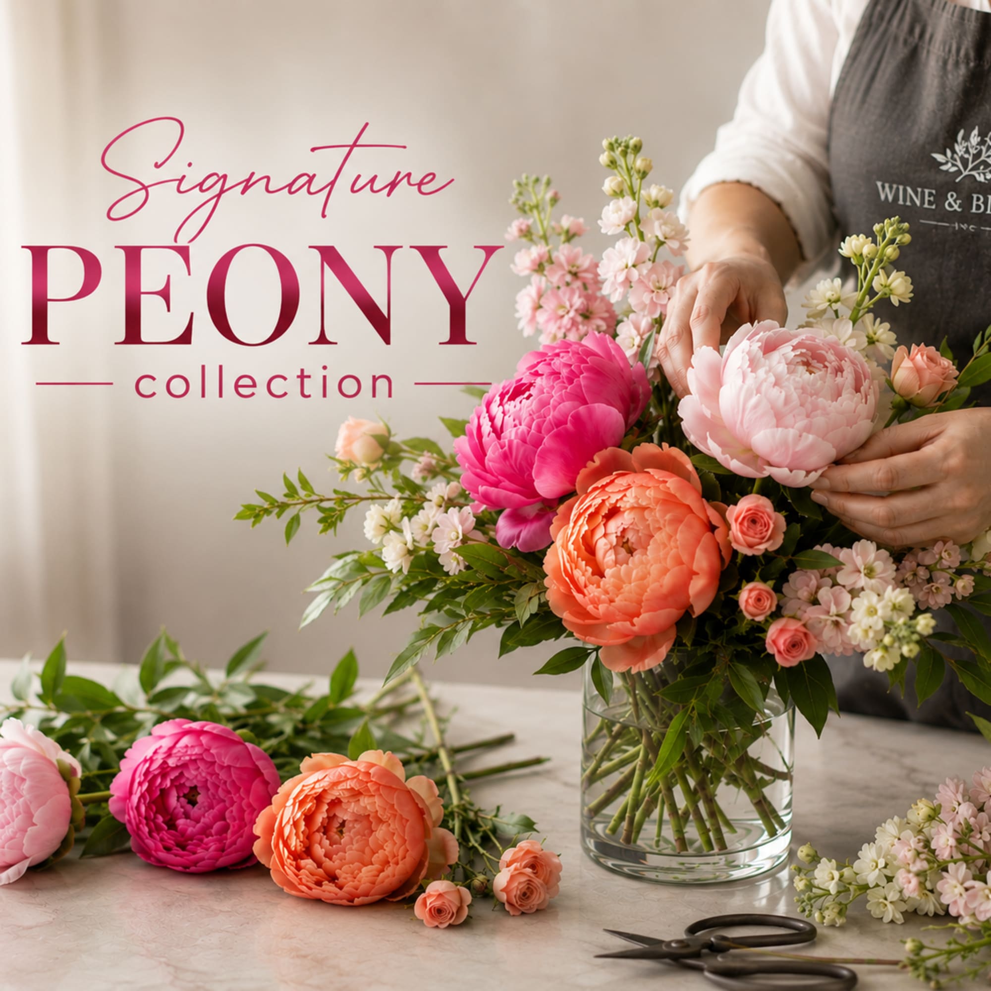 Peony bouquet in a glass vase with pink, coral, and white blooms