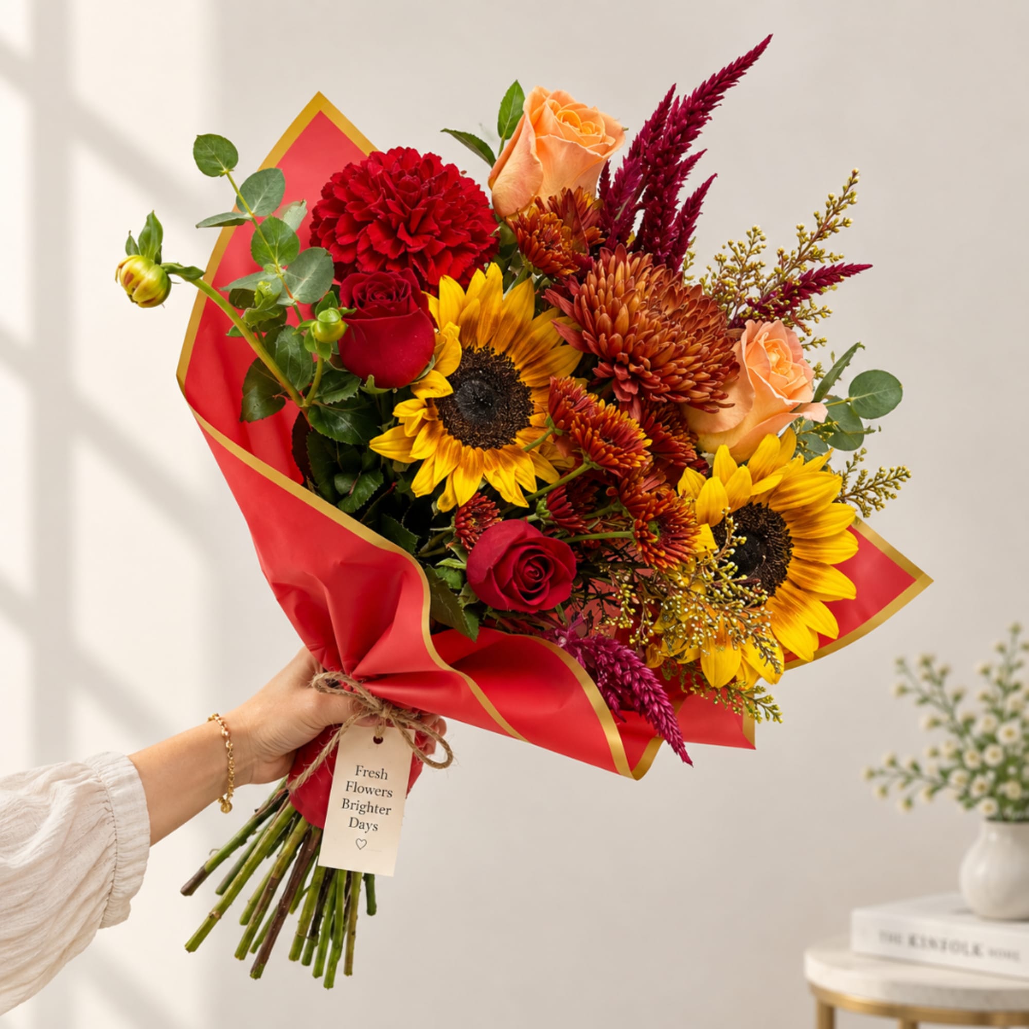 Handheld bouquet of sunflowers, roses, and mums wrapped in red paper