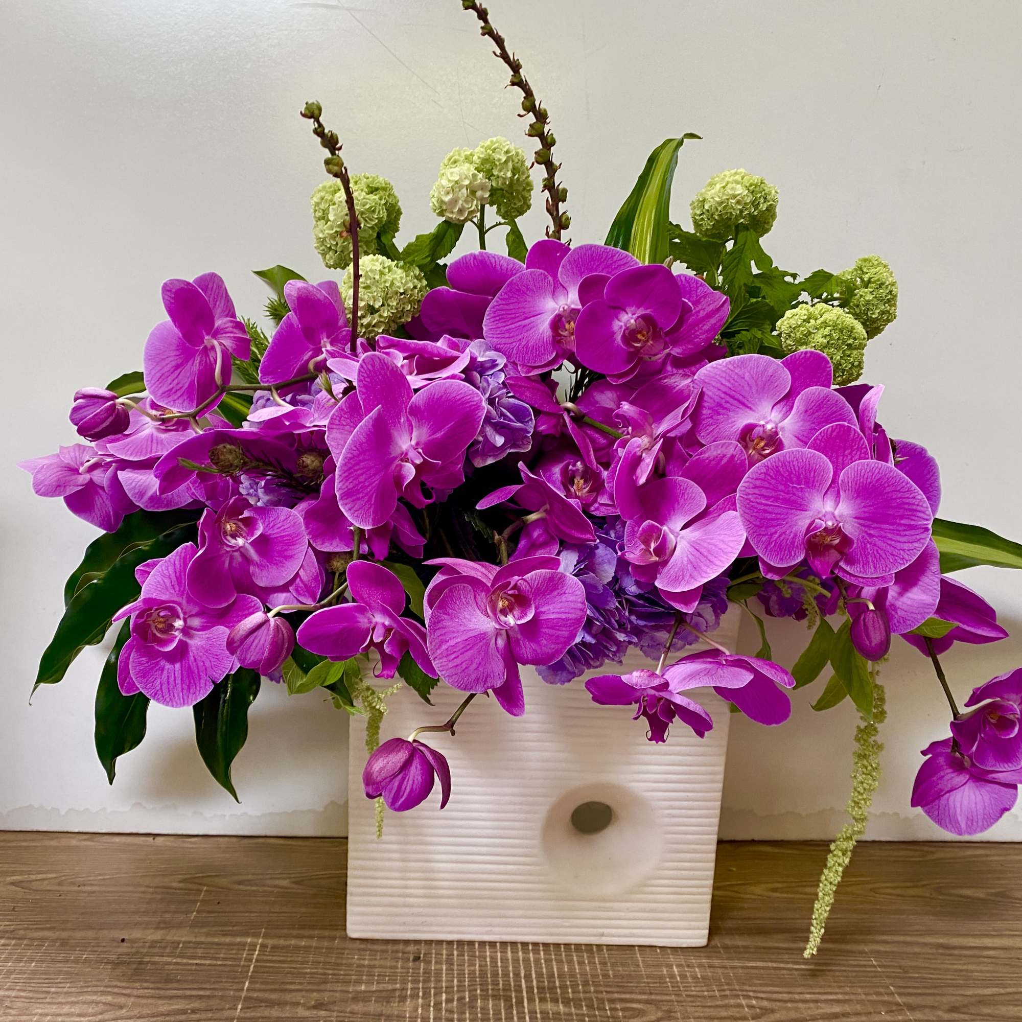 In a beautiful ceramic pot, combination of purple, hydrogen and purple orchids
