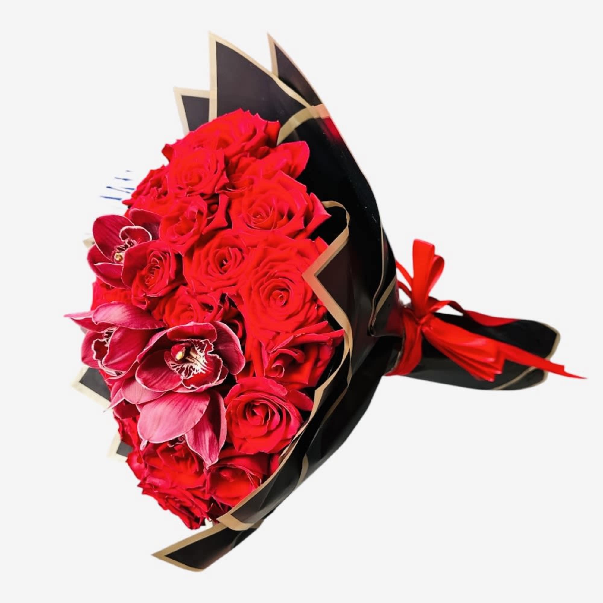Bouquet of red roses and pink orchids wrapped in black paper, photo 5 of 5