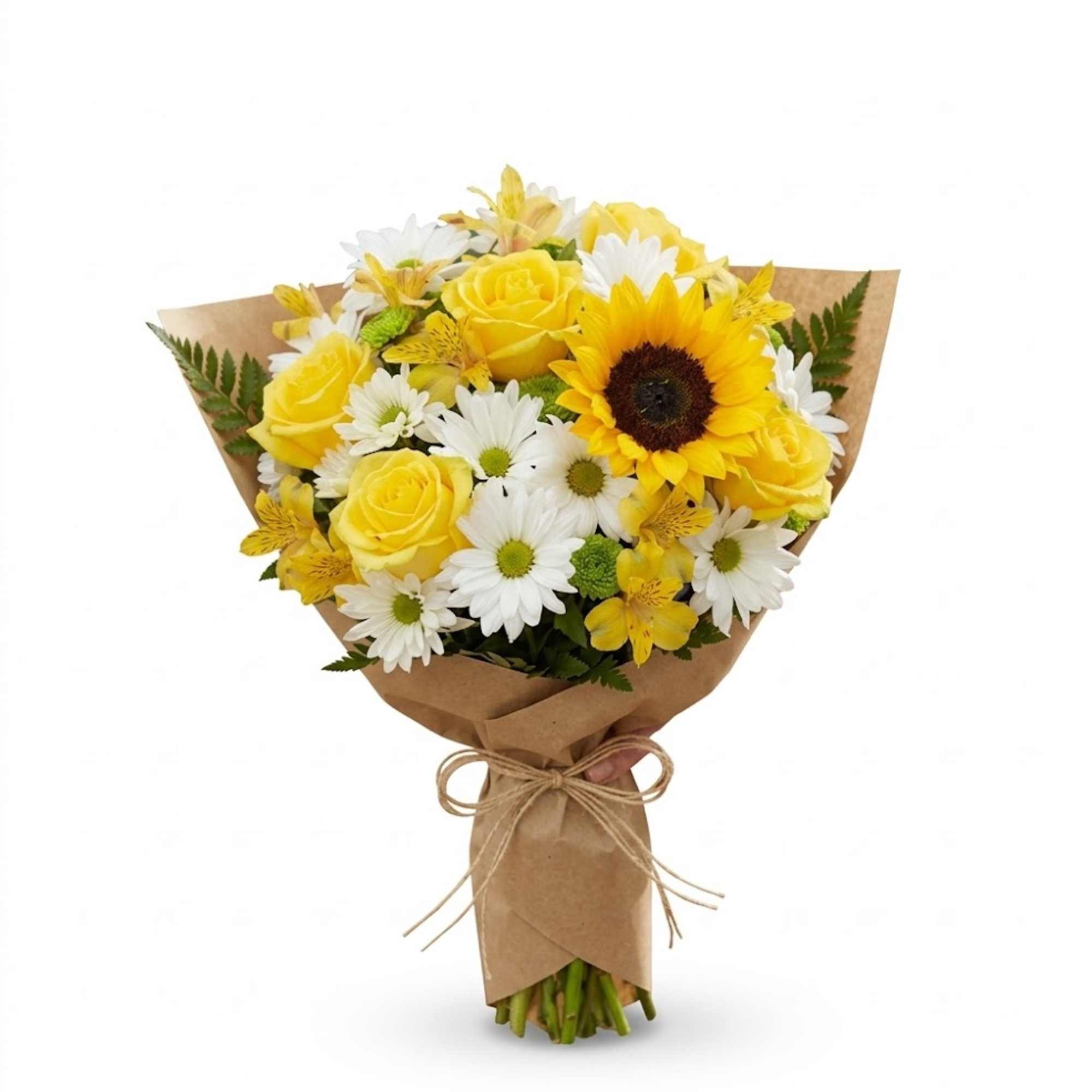 Yellow roses and white daisies wrapped in brown paper with a twine bow