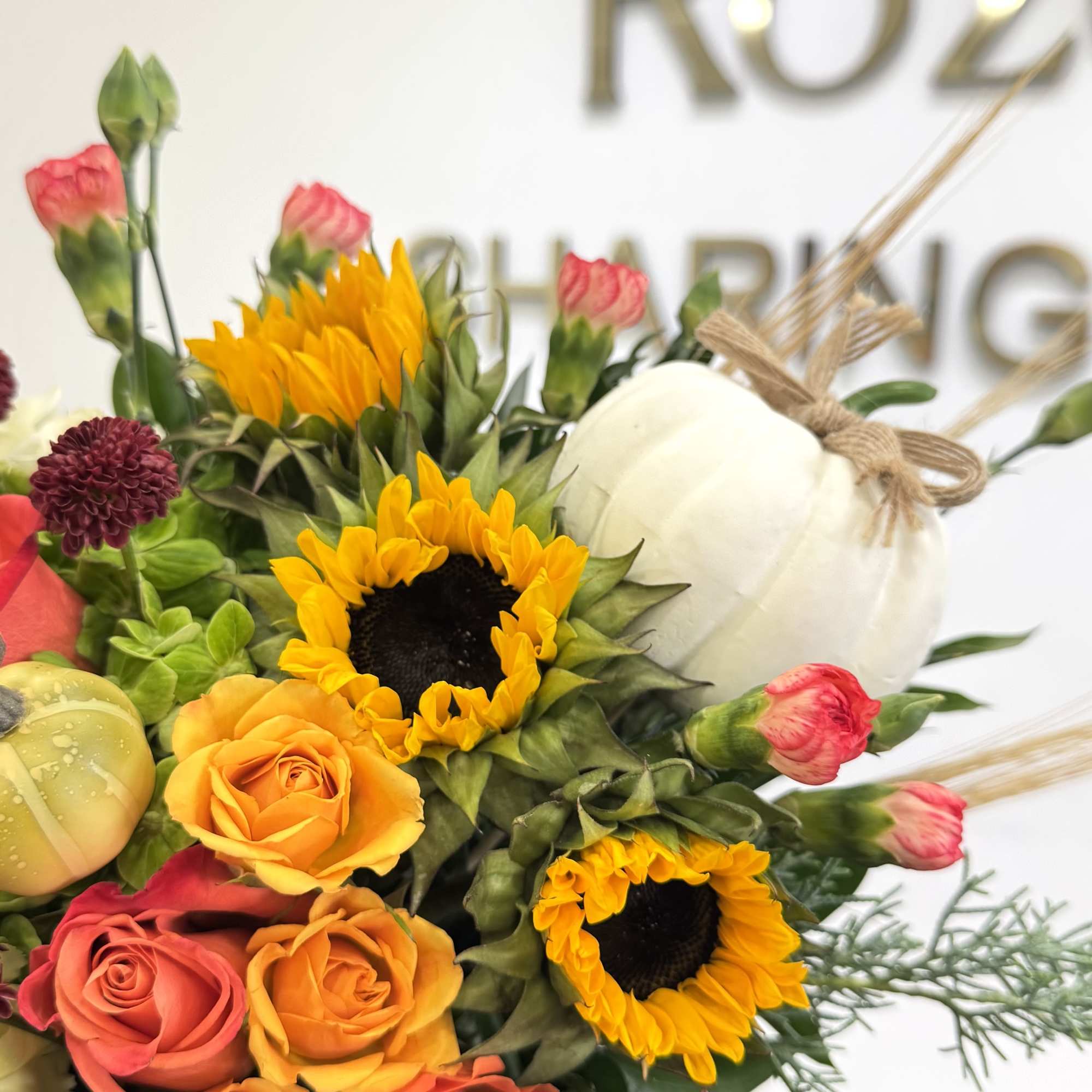 Celebrate the beauty of fall with our handcrafted Autumn Pumpkin Bloom Arrangement., photo 3 of 3
