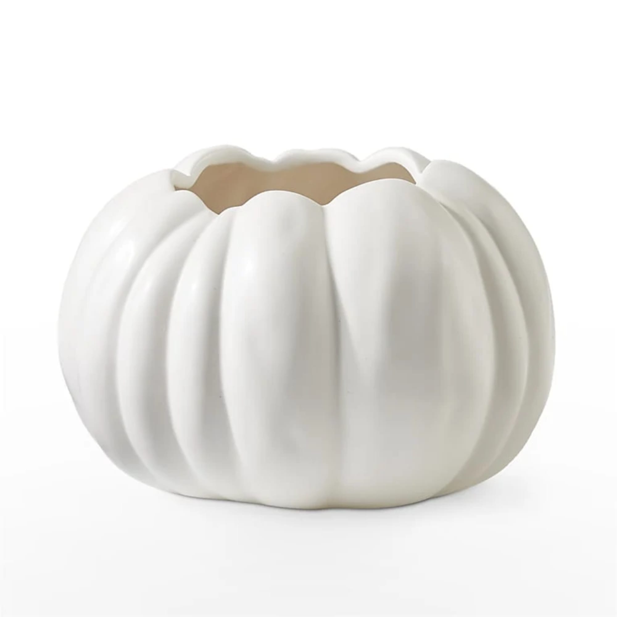 White pumpkin-shaped ceramic vase on a white background