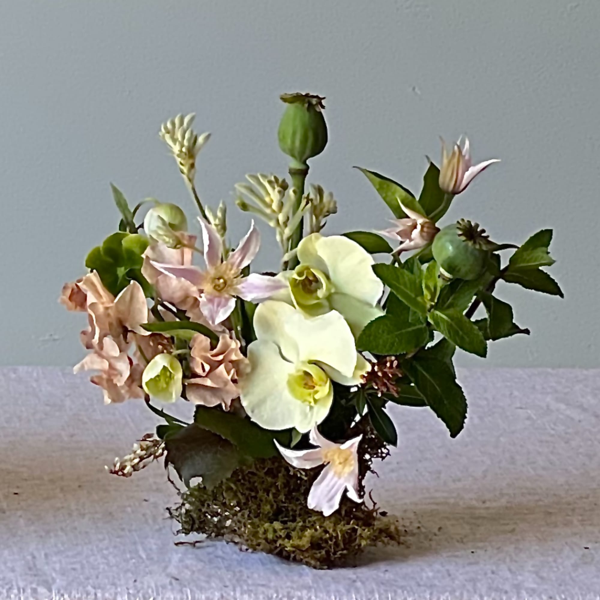 Small floral arrangement with pale blooms and green seed pods in a moss base