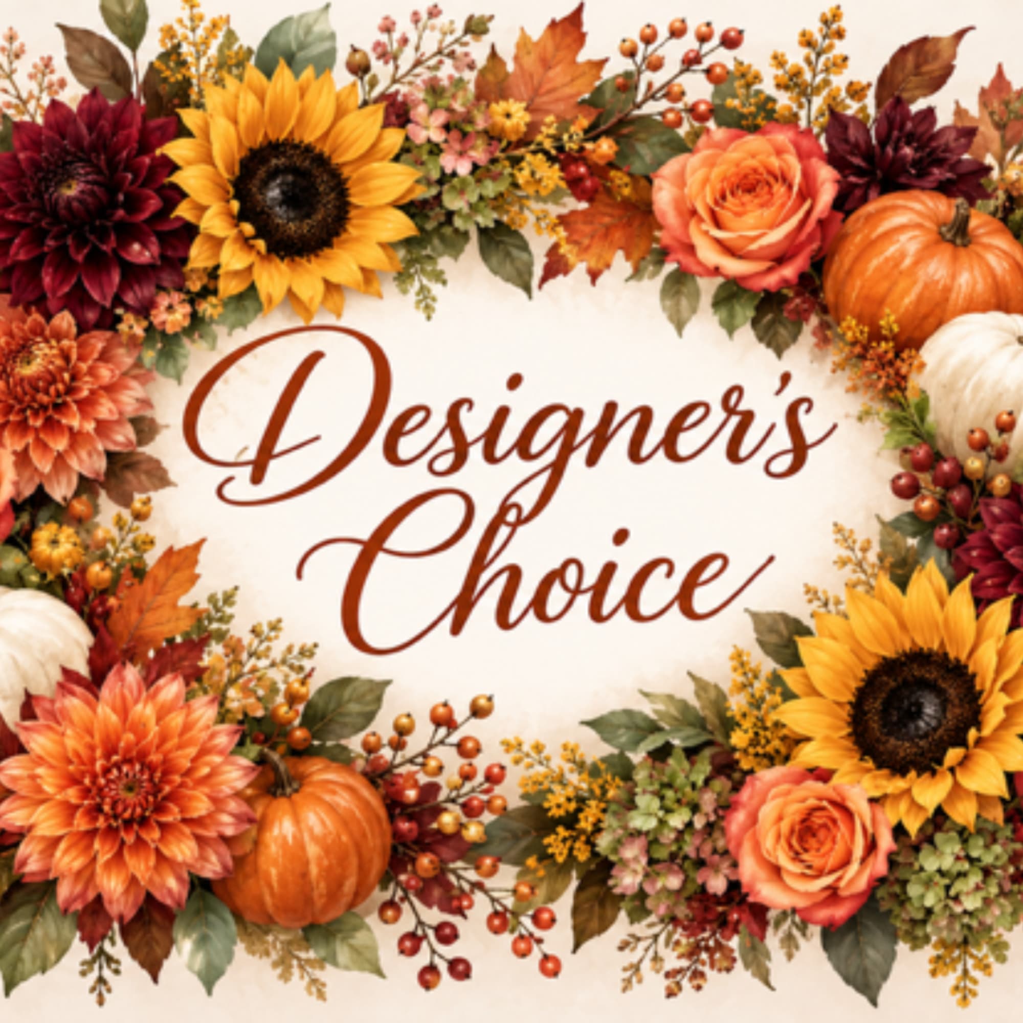 Fall floral wreath with sunflowers, roses, pumpkins, and "Designer’s Choice" text