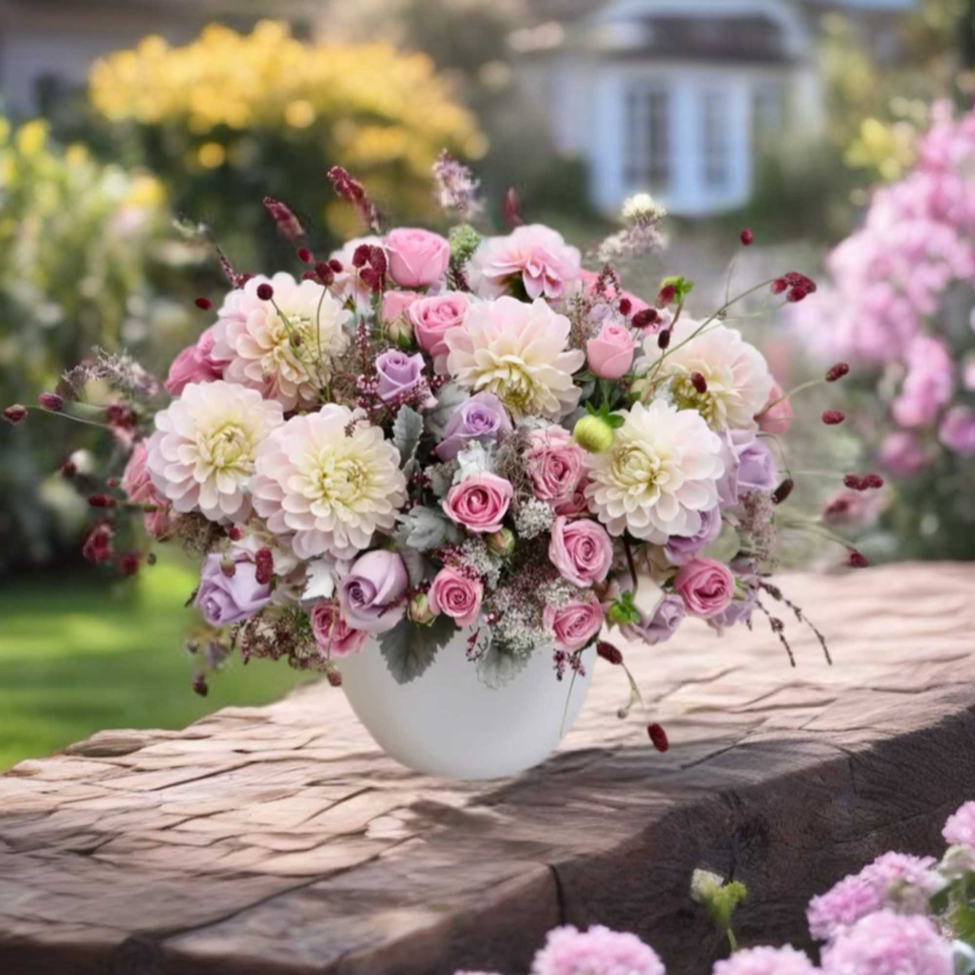 Pink and white floral arrangement in a white vase, photo 3 of 6
