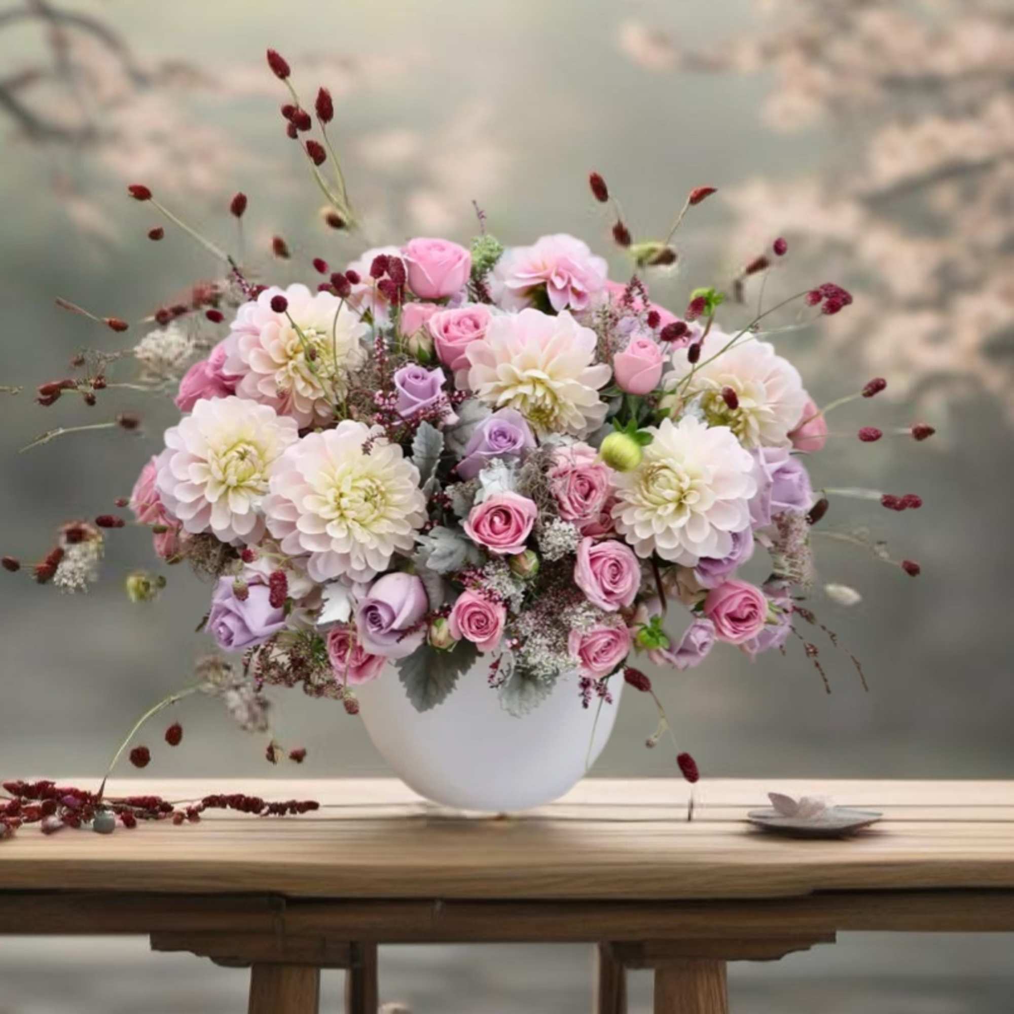 Pink and white floral arrangement in a white vase, photo 5 of 6