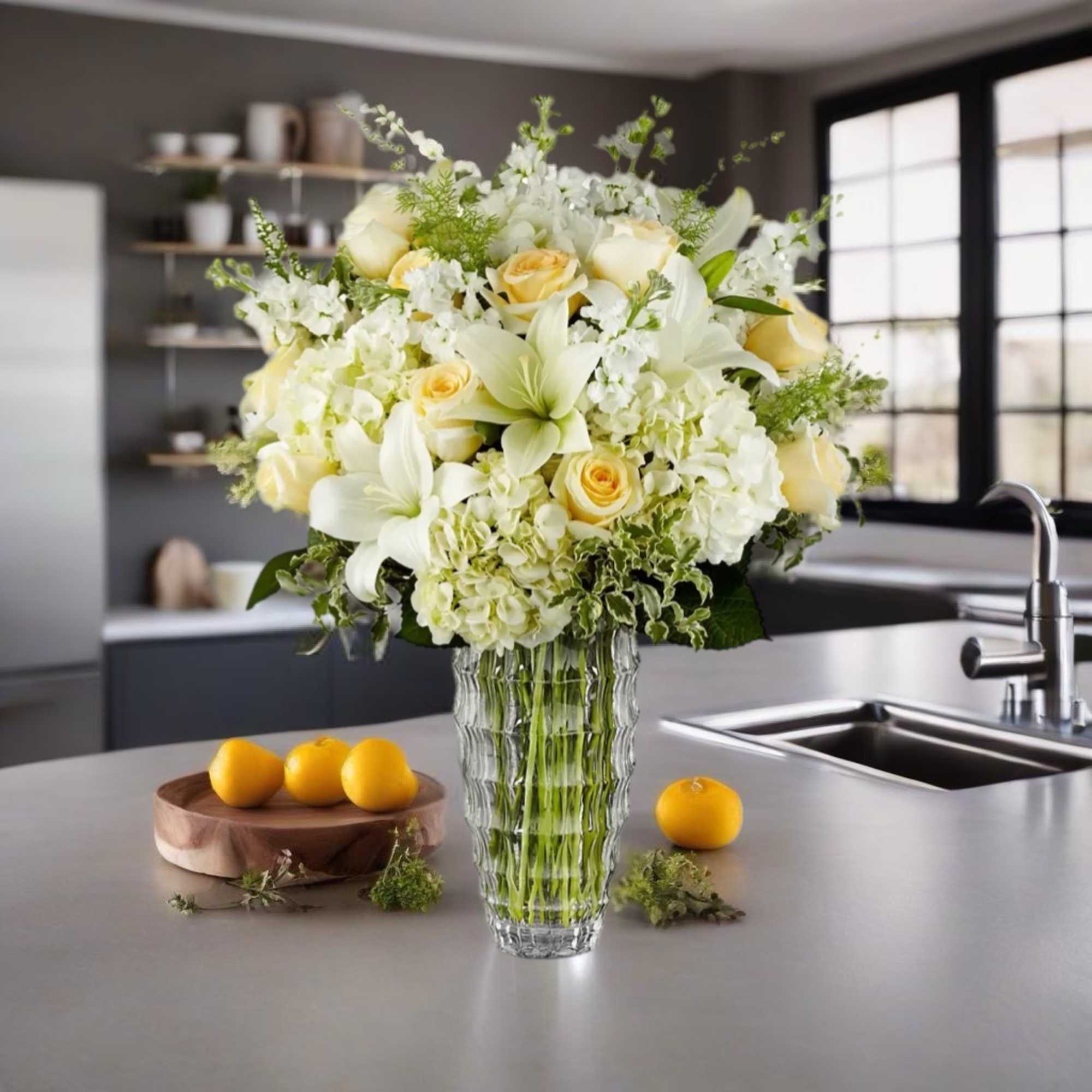White and pale yellow flower arrangement in a clear glass vase, photo 2 of 3