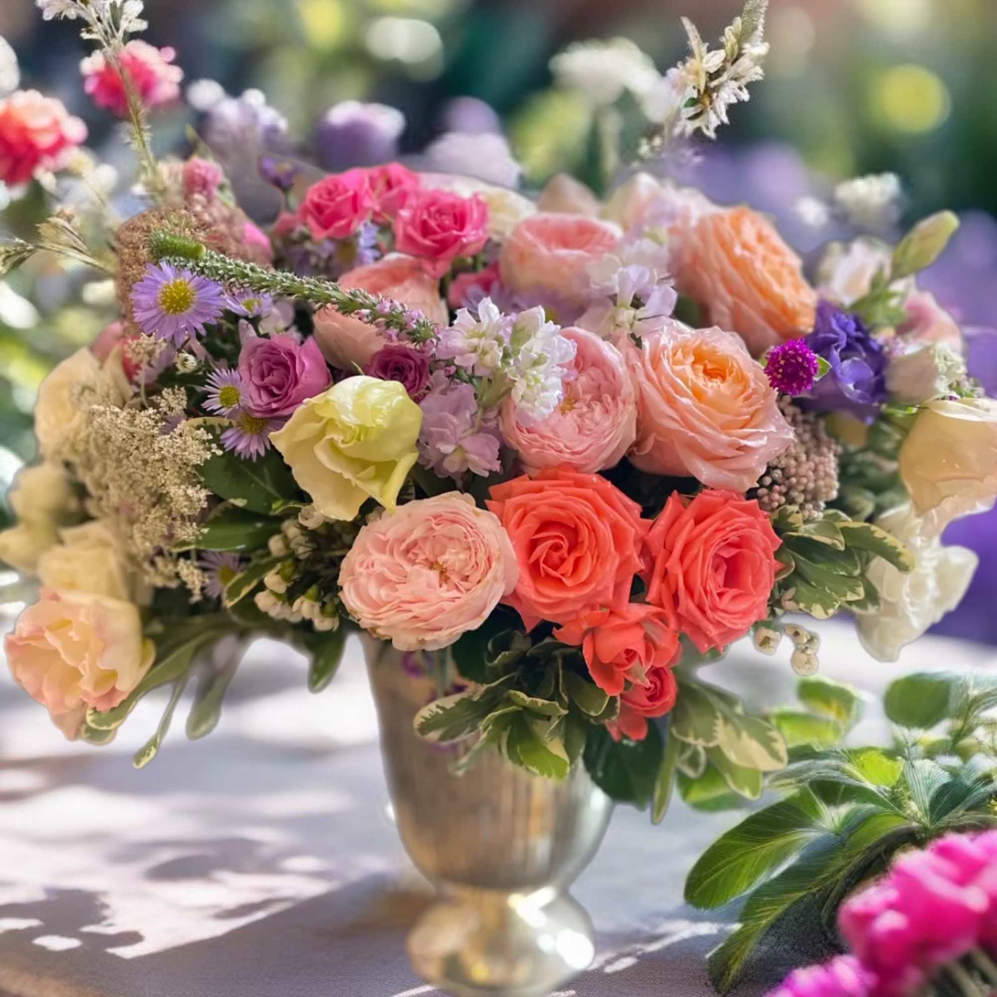 Mixed pastel bouquet in a silver vase with roses and small filler flowers