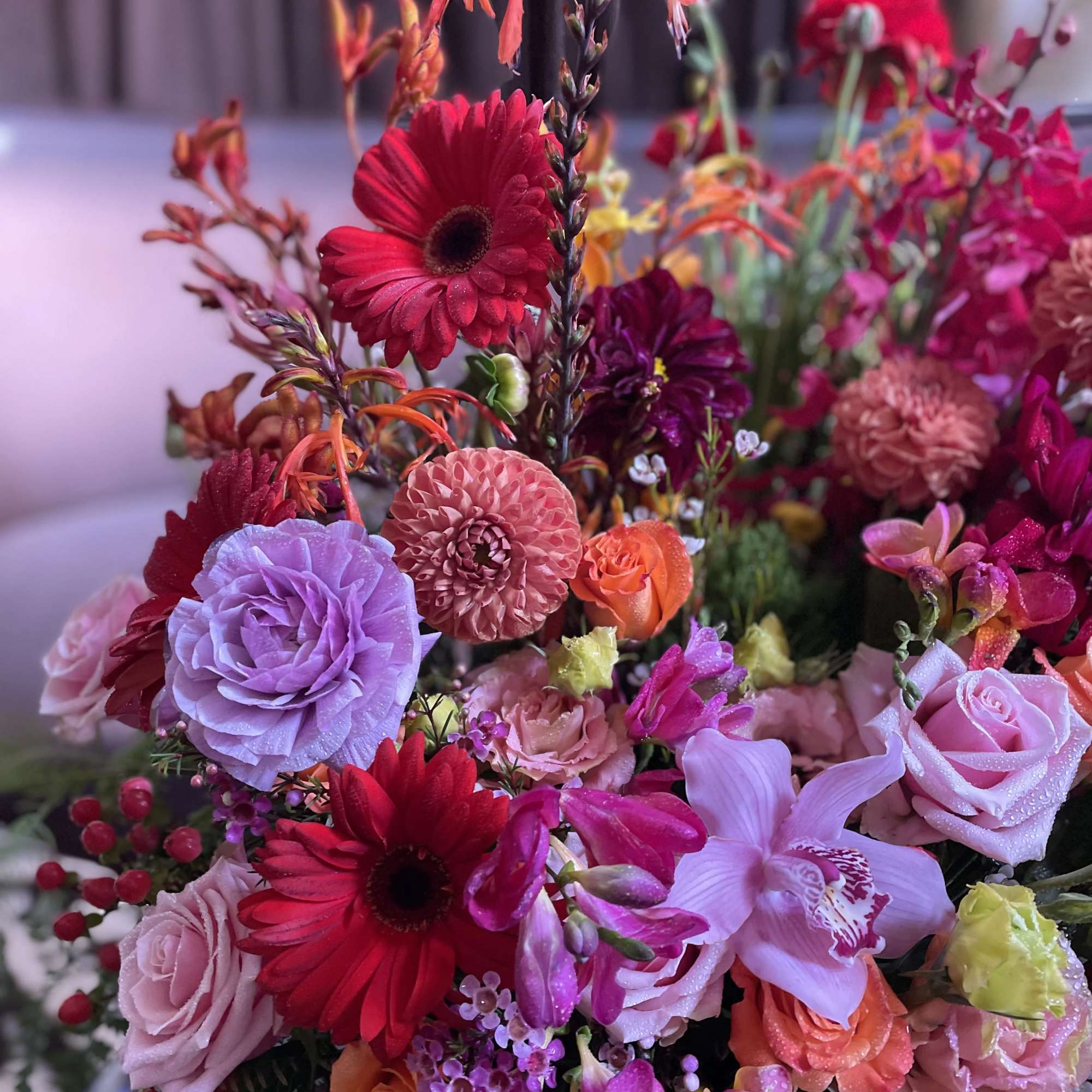 Bright mixed bouquet with roses, gerbera daisies, and orchids in pink and red tones