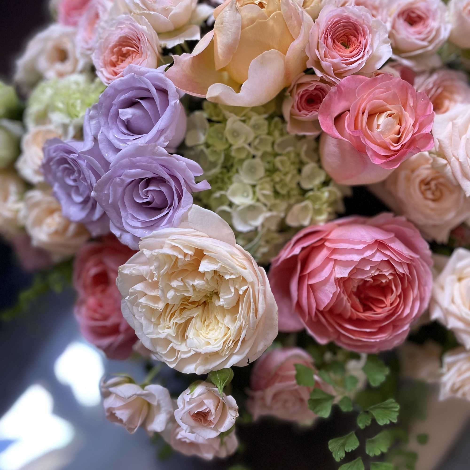 Bouquet of pink, lavender, and cream roses with pale green hydrangea