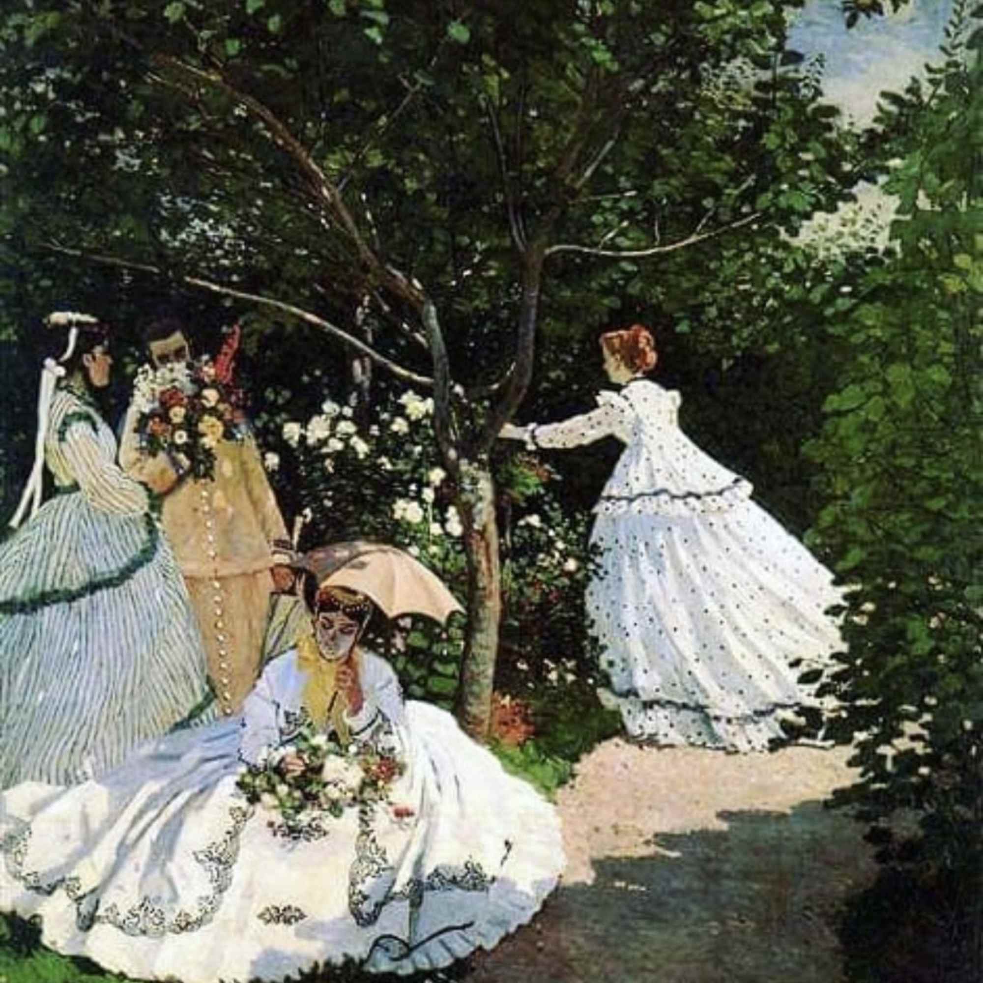 Painting of women in Victorian dresses in a garden