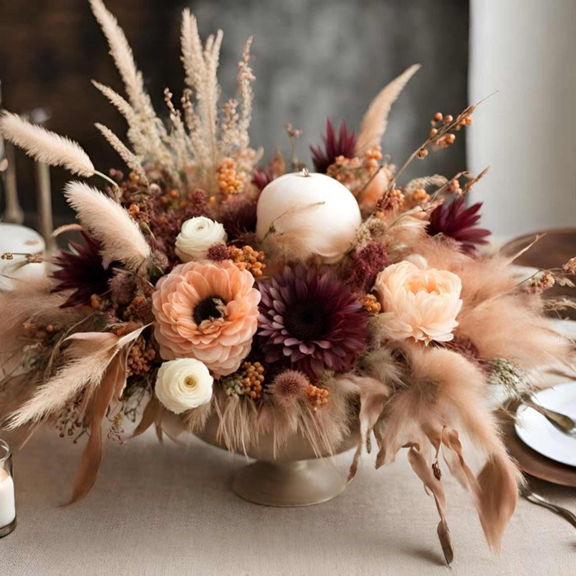 Low floral centerpiece with peach and burgundy blooms in a pedestal bowl