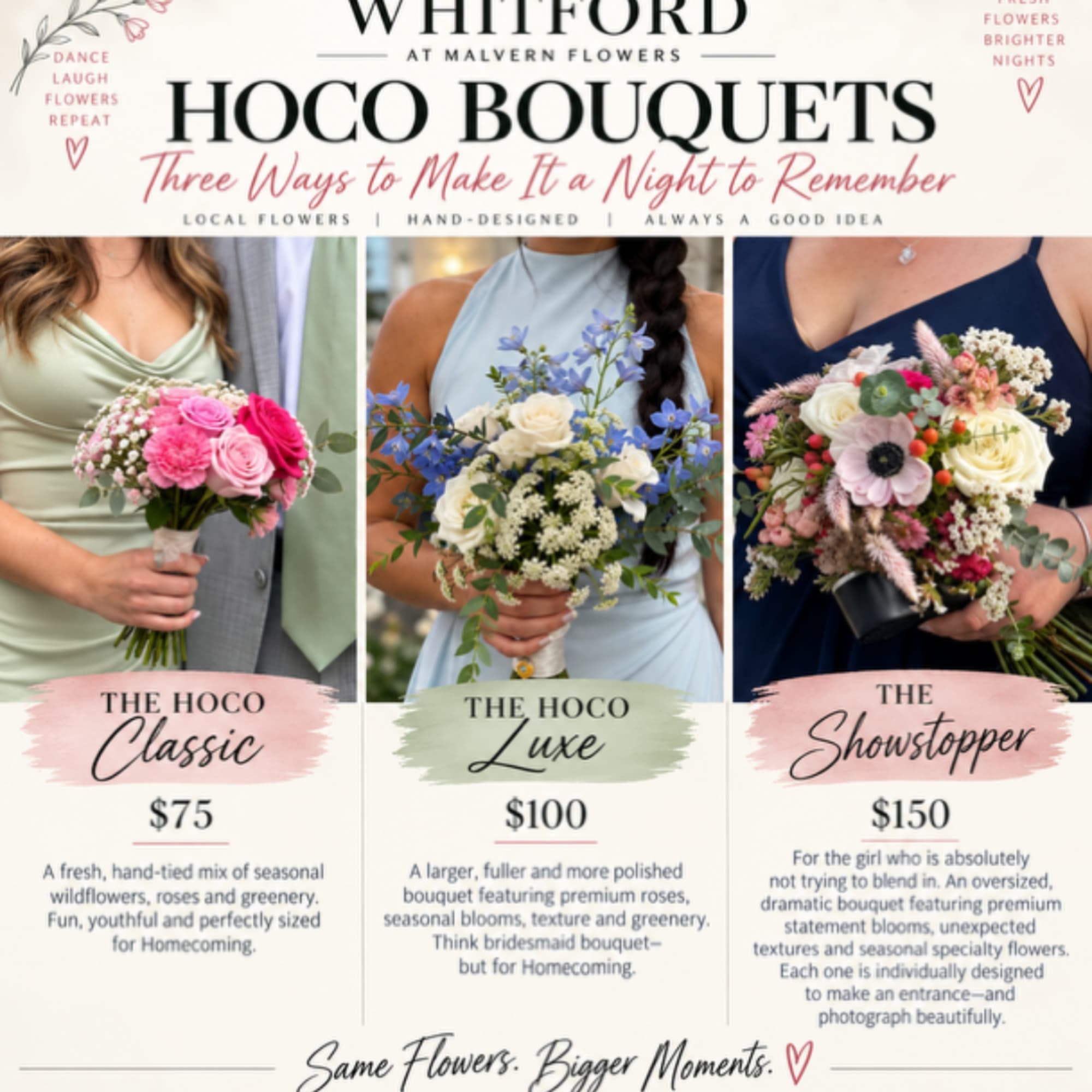 Promotional poster showing three homecoming bouquets with prices.