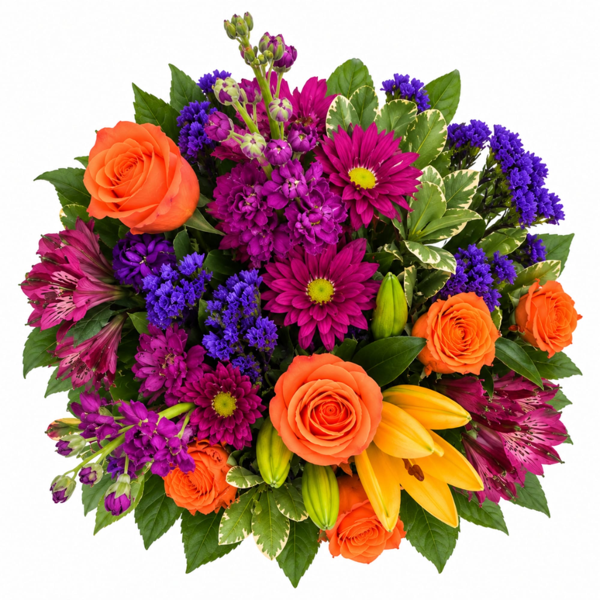 Bright mixed bouquet with orange roses, purple daisies, and yellow lilies