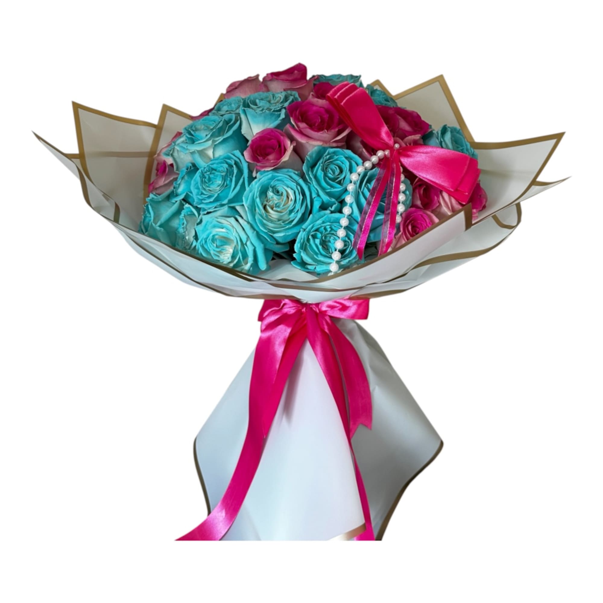 Bouquet of turquoise and pink roses wrapped in white paper with a pink ribbon, photo 2 of 5